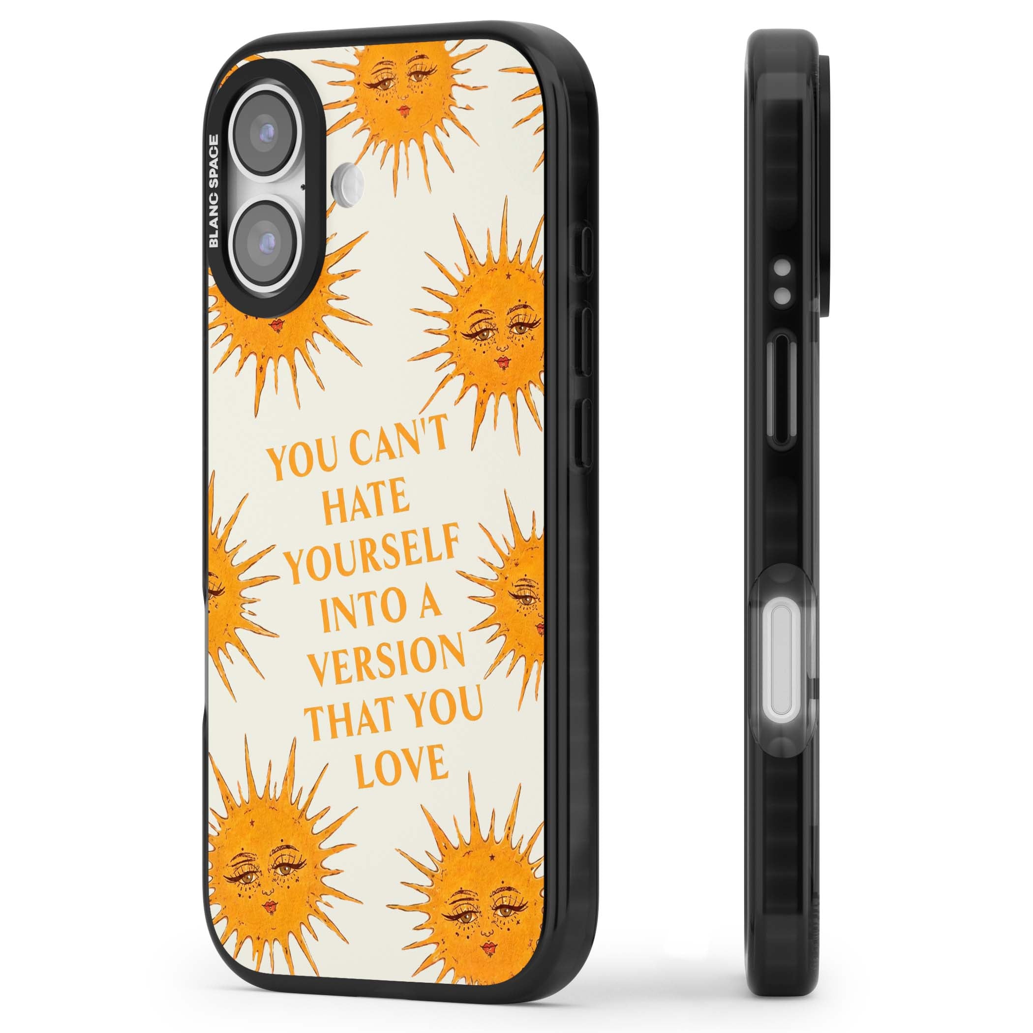 Don't Hate Yourself celestial iPhone case featuring vintage sun faces, ochre rays and a self-love quote | Black Impact Magsafe case for iPhone 17