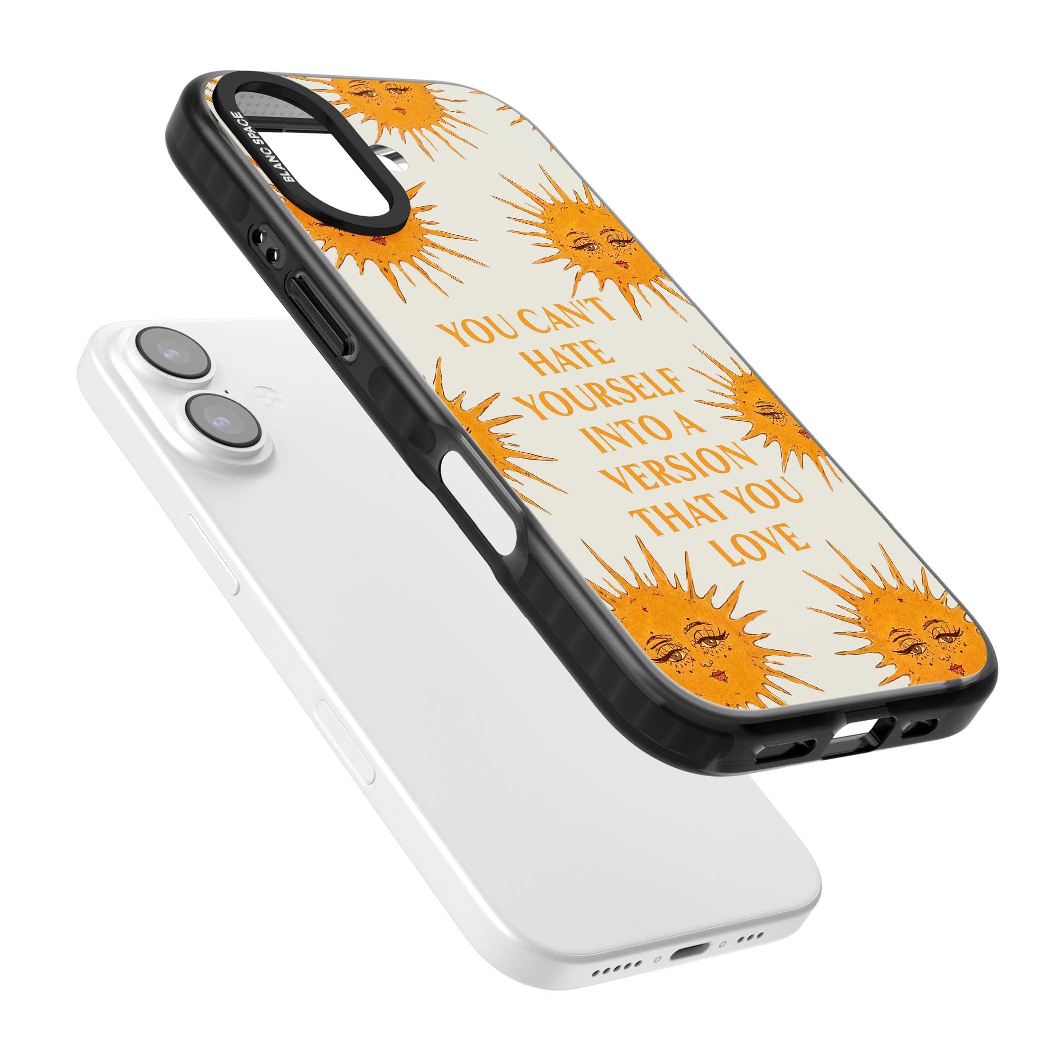 Don't Hate Yourself celestial iPhone case featuring vintage sun faces, ochre rays and a self-love quote | Black Impact Magsafe case for iPhone 17