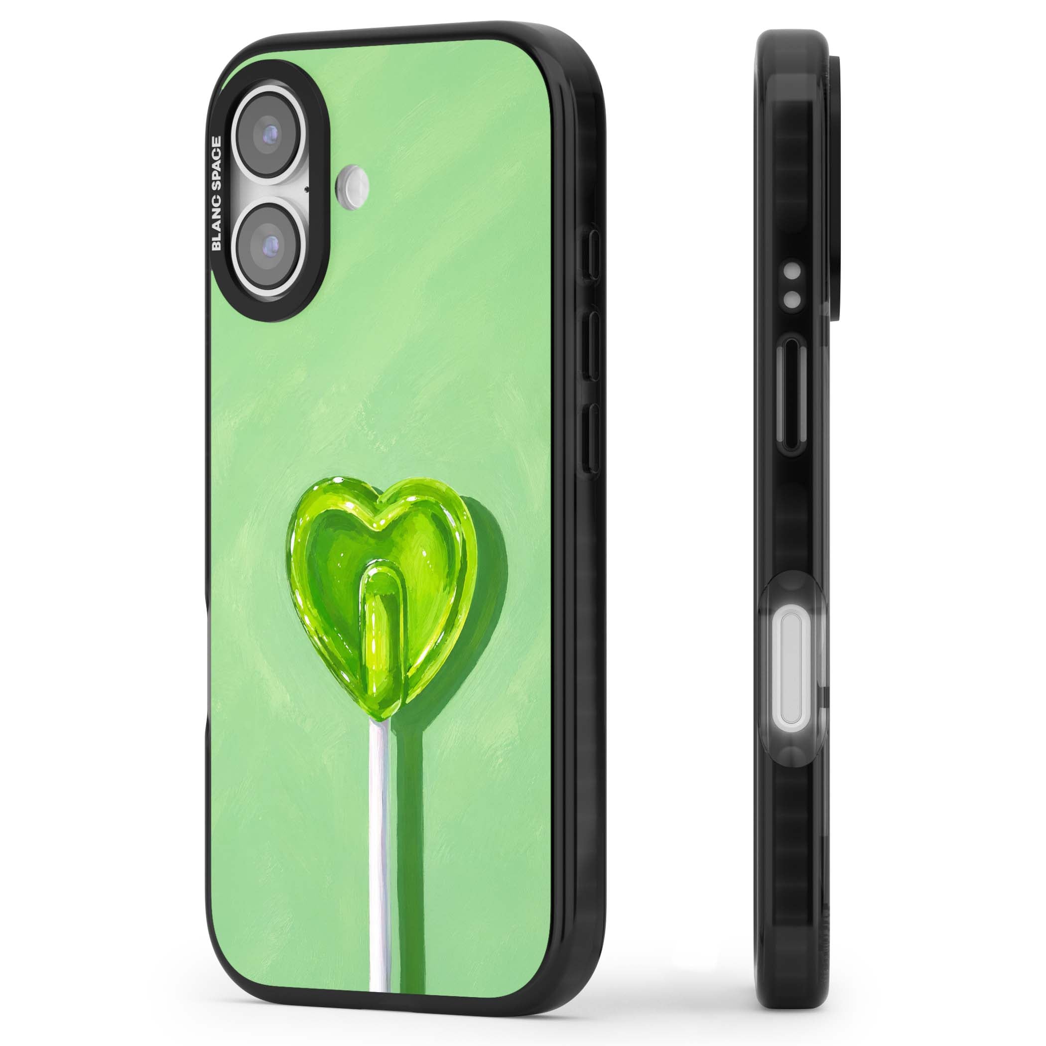 Green Lollipop candy art iPhone case featuring a glossy green heart-shaped lollipop on a painted pastel green background | Black Impact Magsafe case for iPhone 17