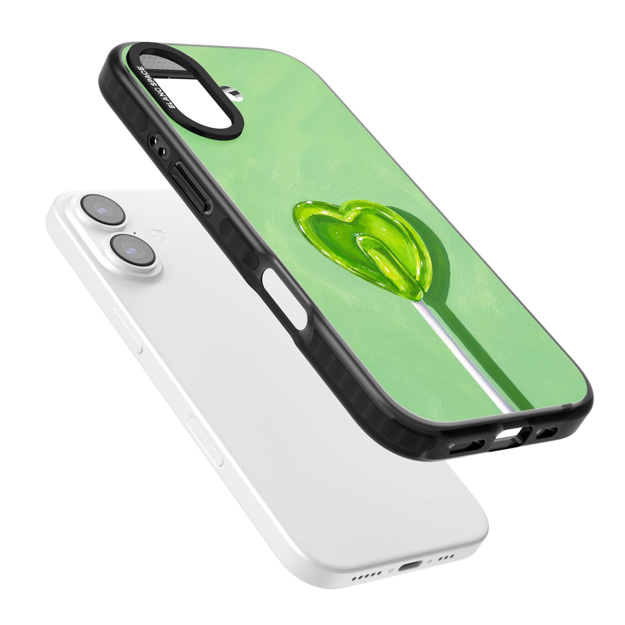 Green Lollipop candy art iPhone case featuring a glossy green heart-shaped lollipop on a painted pastel green background | Black Impact Magsafe case for iPhone 17