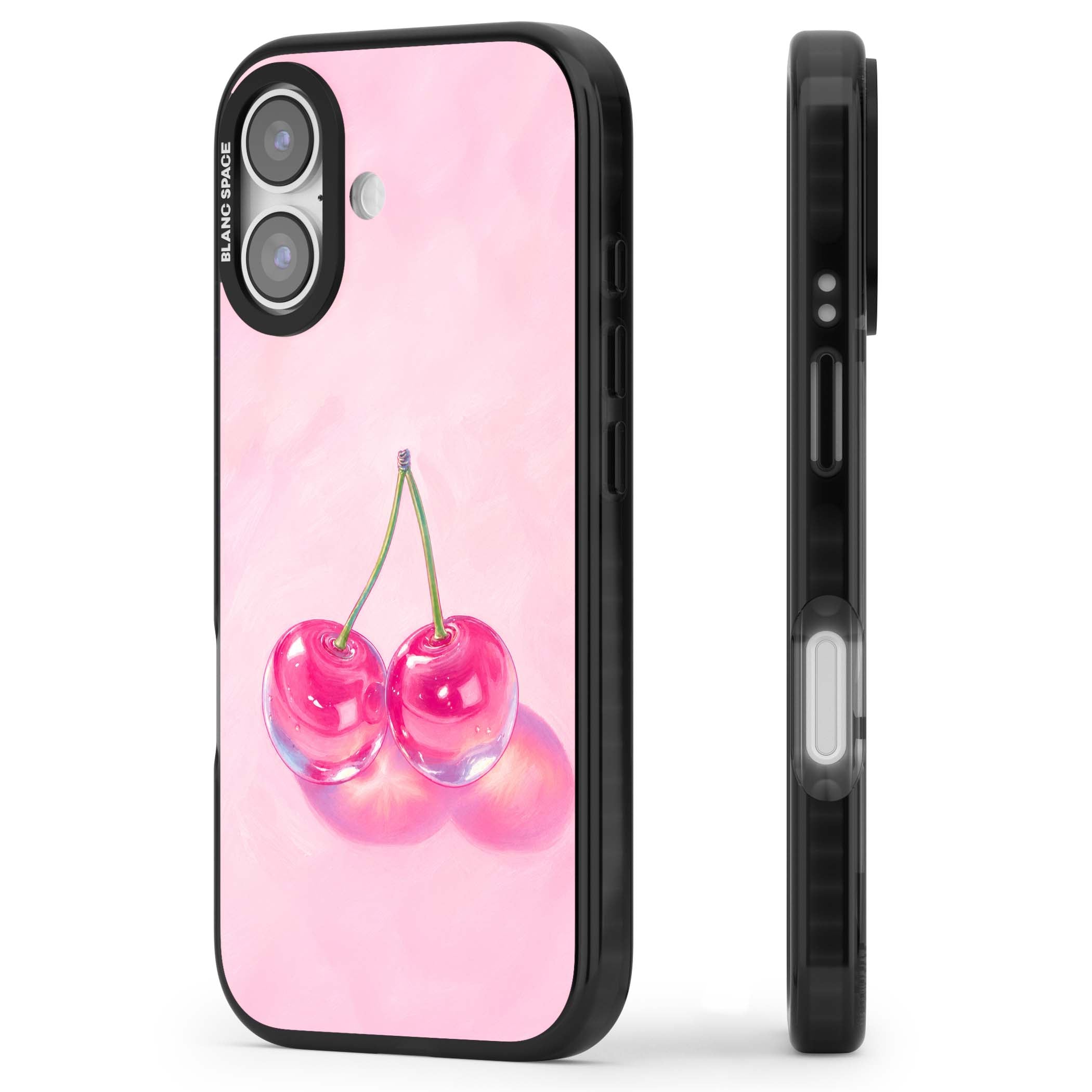 Pink Glass Cherry coquette iPhone case featuring two glossy painted cherries on a soft pink background | Black Impact Magsafe case for iPhone 17