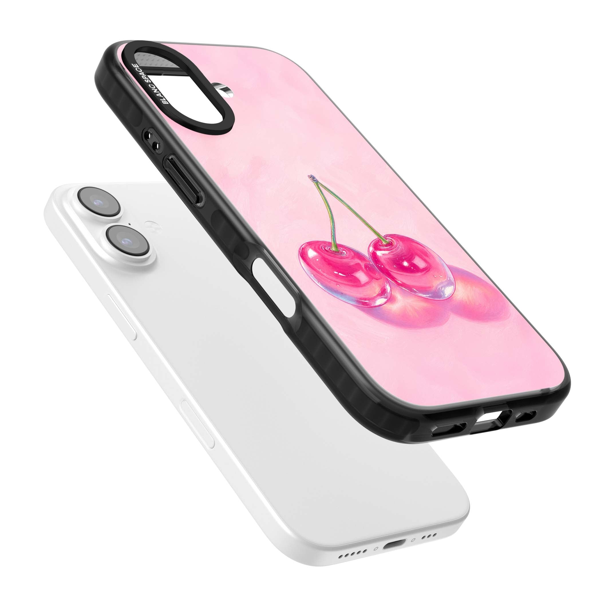 Pink Glass Cherry coquette iPhone case featuring two glossy painted cherries on a soft pink background | Black Impact Magsafe case for iPhone 17