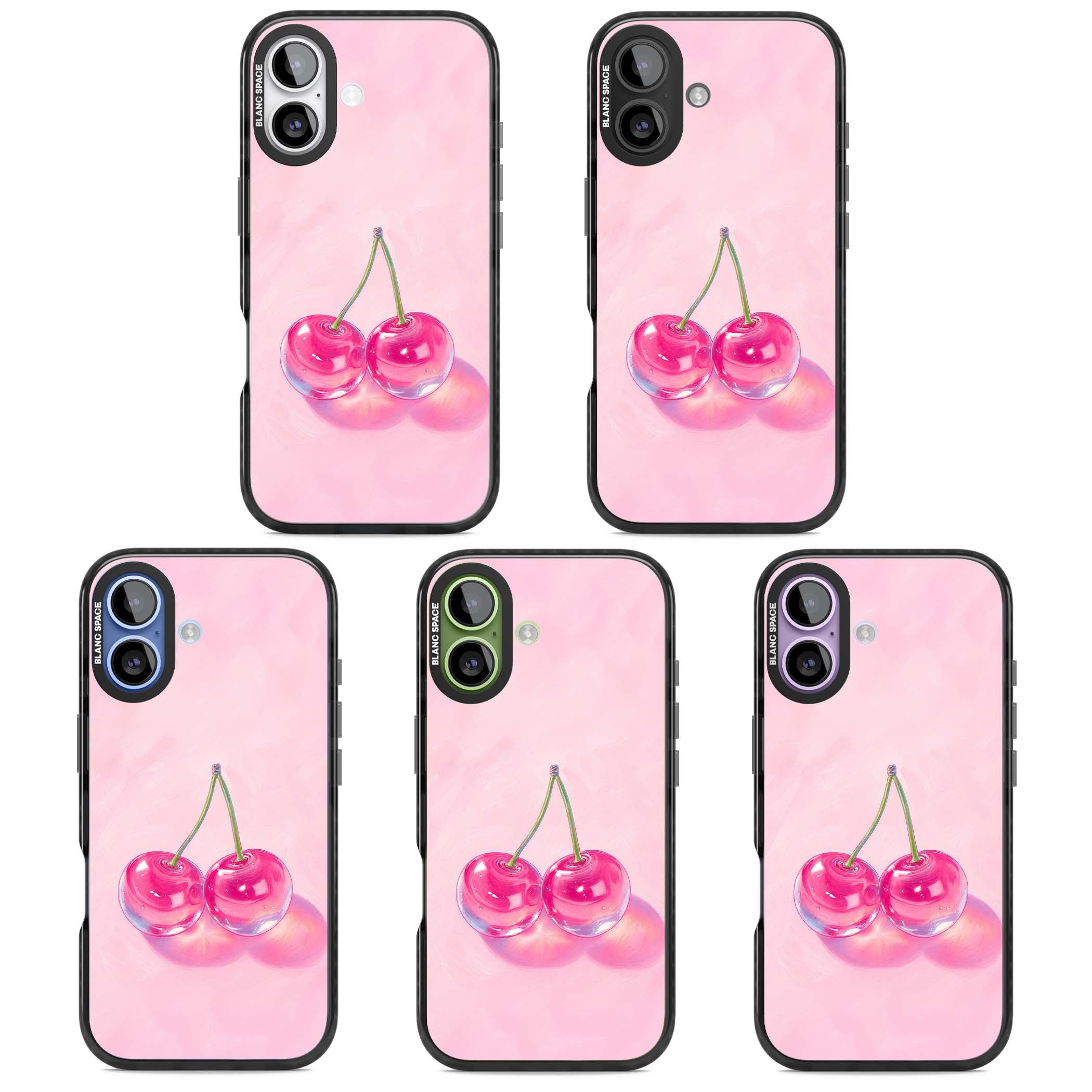 Pink Glass Cherry coquette iPhone case featuring two glossy painted cherries on a soft pink background | Black Impact Magsafe case for iPhone 17