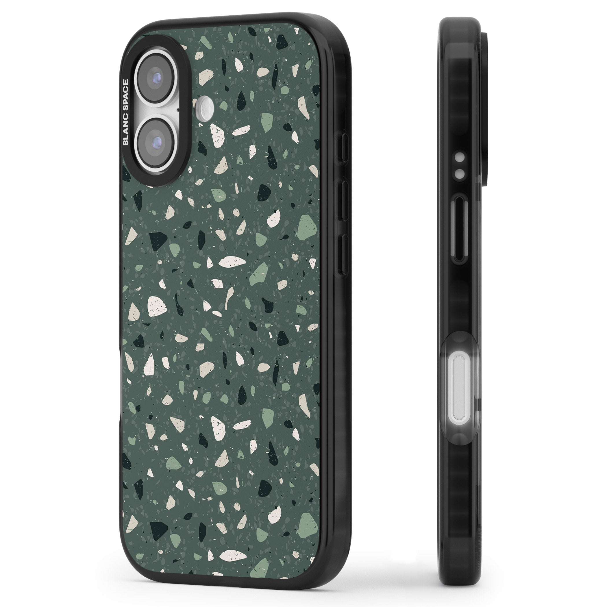Green & Cream Terrazzo Pattern iPhone 17 Impact Pro Black Phone Case Side Profile