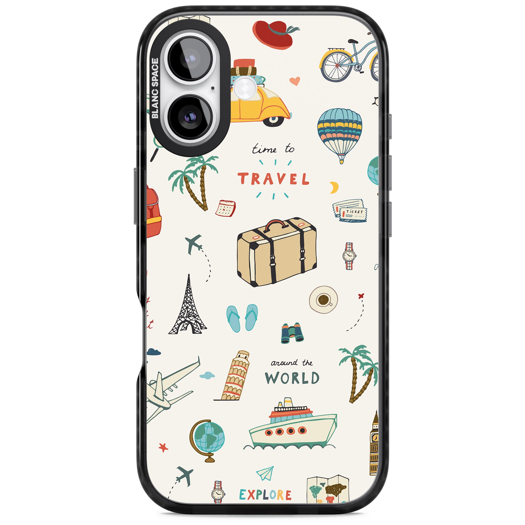 Cute Travel Pattern Cream iPhone 17 Impact Pro Black Phone Case