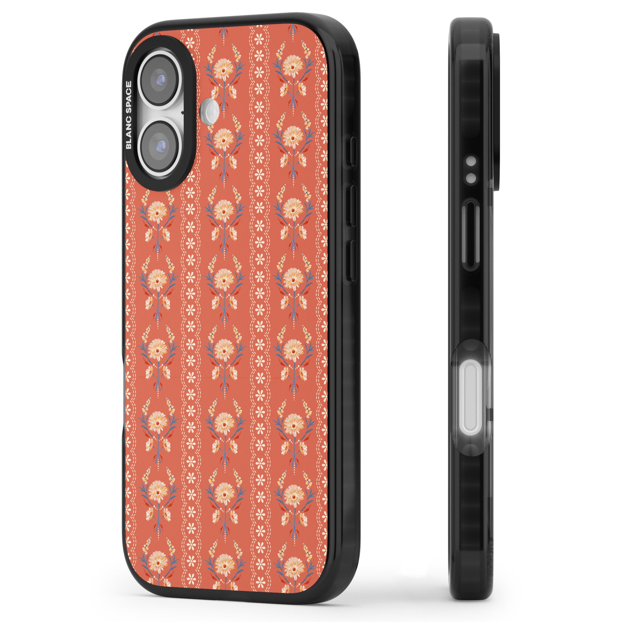 Vintage Terracotta Floral iPhone 17 Impact Pro Black Phone Case Side Profile