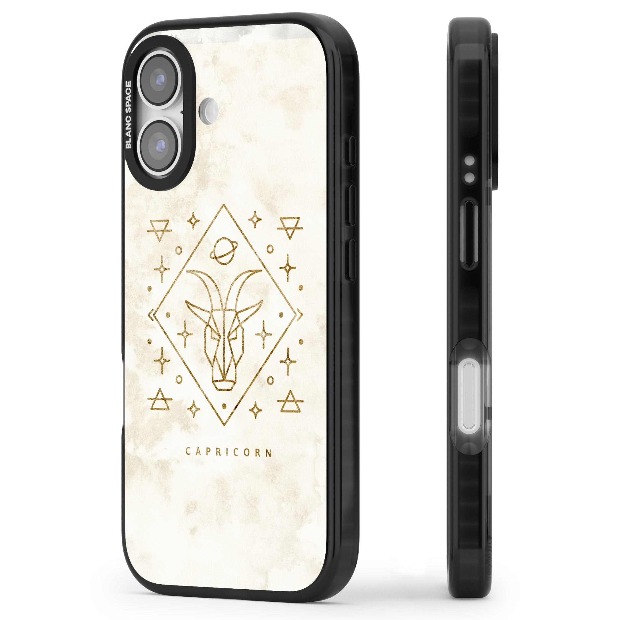 Capricorn Gold Zodiac Design iPhone 17 Impact Pro Black Phone Case Side Profile