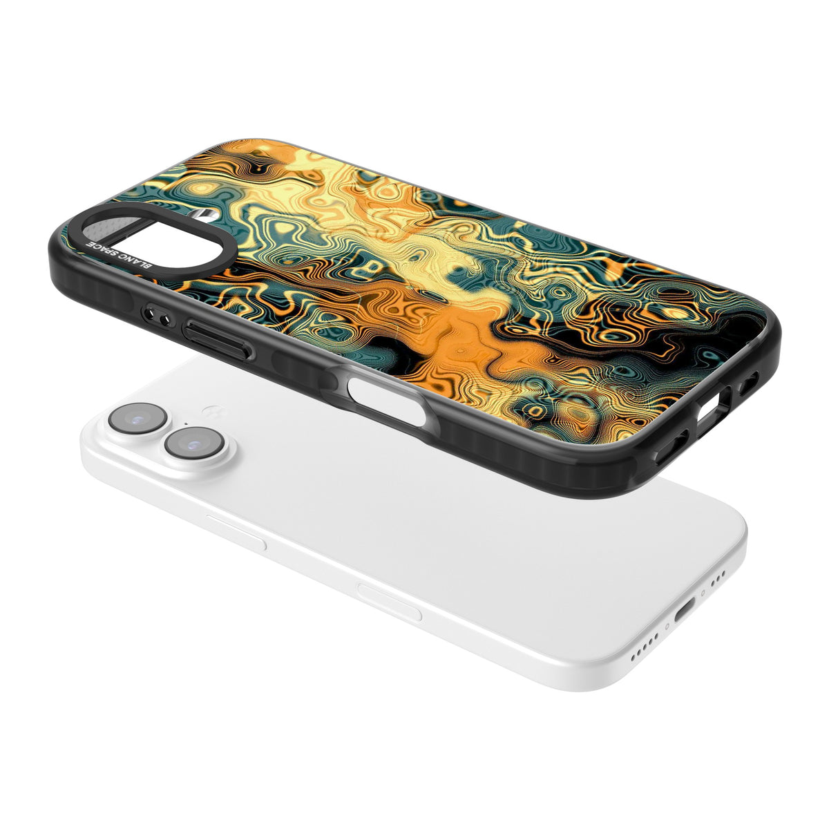 Liquid Amber iPhone 16 / iPhone 16 Plus / iPhone 17 Impact Black Phone Case angled