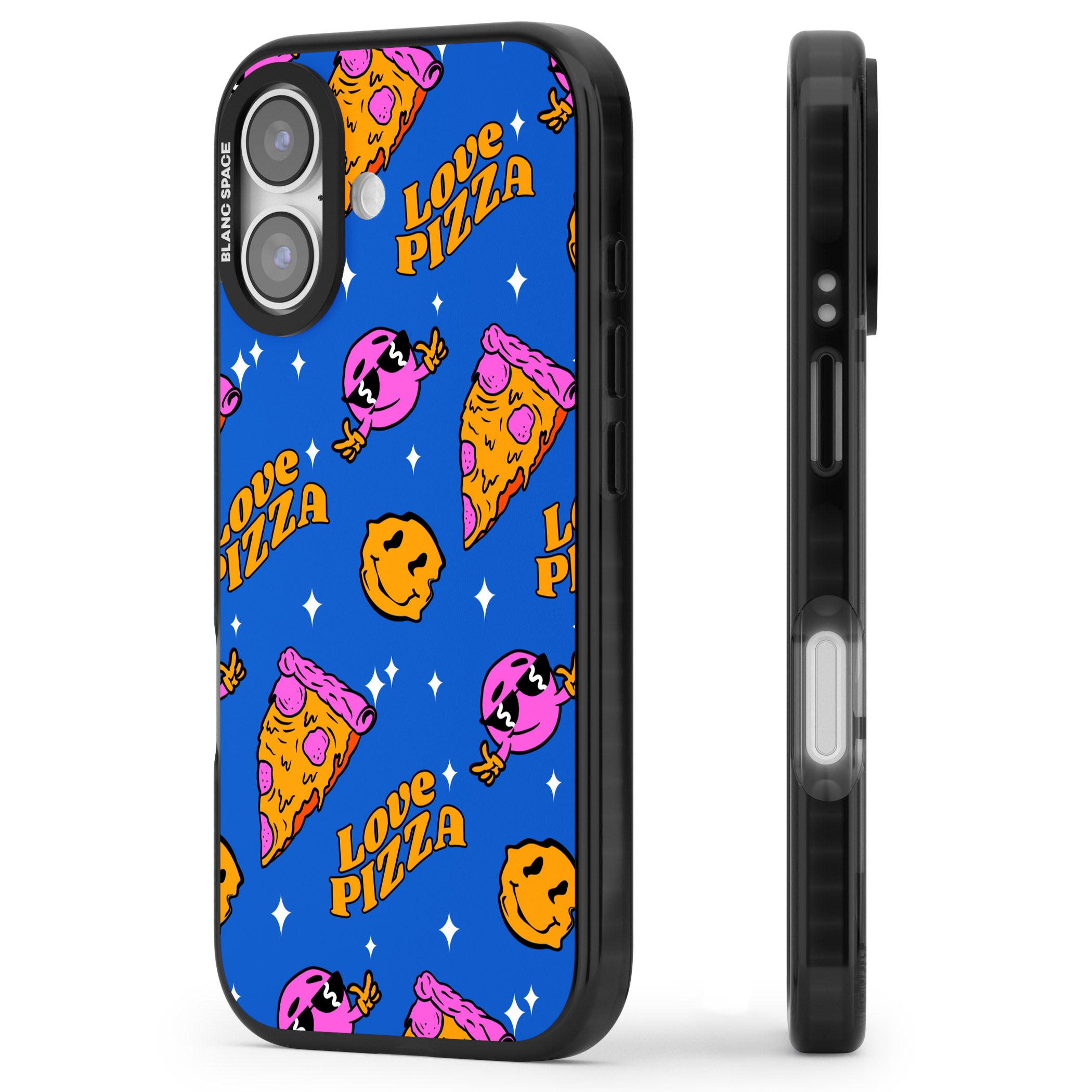 Psychedelic Love Pizza Pattern iPhone 17 Impact Black Phone Case Side Profile