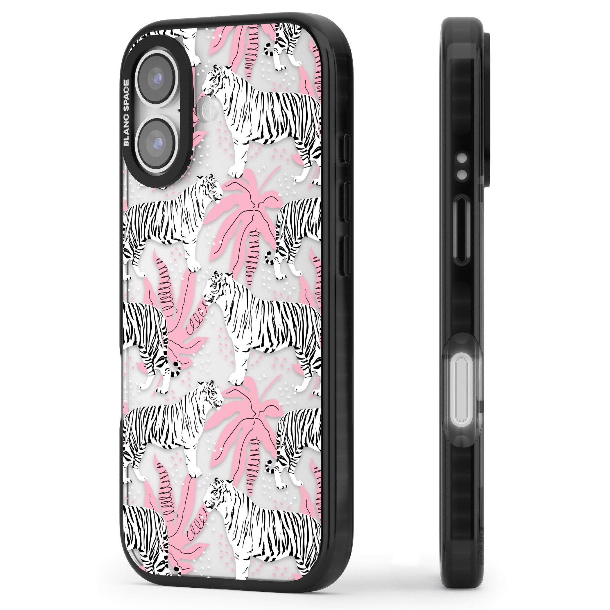 Pink & White Tropical Tigers iPhone 17 Impact Black Phone Case Side Profile