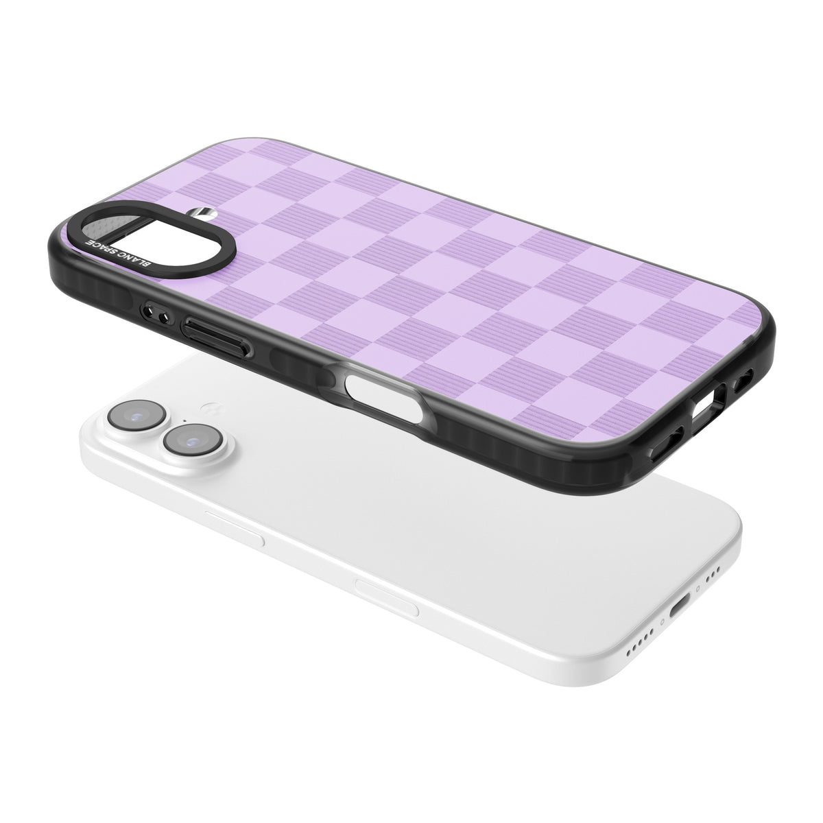 Lilac Checkered iPhone 16 / iPhone 16 Plus / iPhone 17 Impact Black Phone Case angled