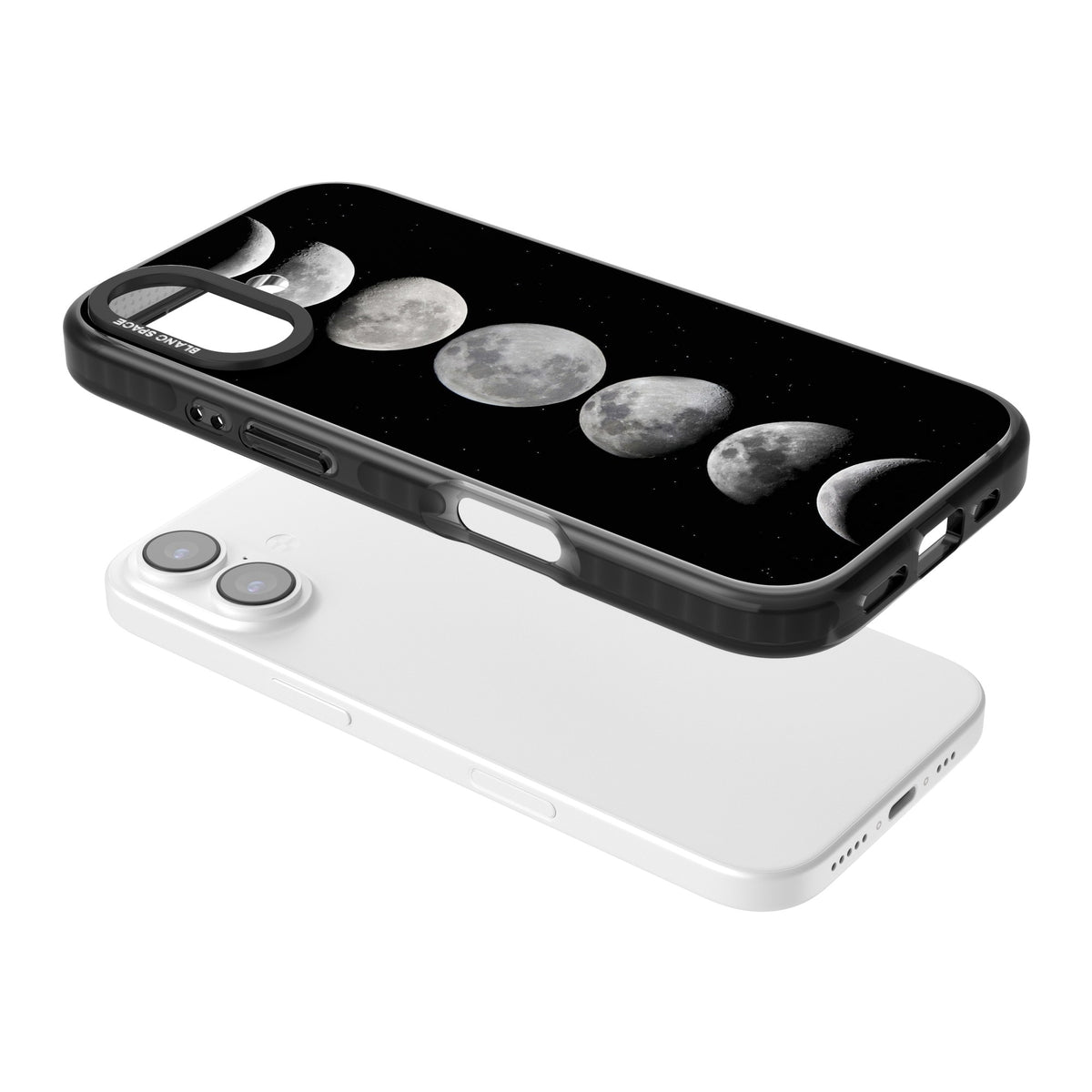 Phases Of The Moon iPhone 16 / iPhone 16 Plus / iPhone 17 Impact Black Phone Case angled