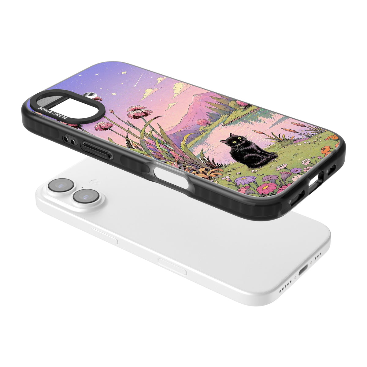 Mystic Whiskers iPhone 16 / iPhone 16 Plus / iPhone 17 Impact Black Phone Case angled