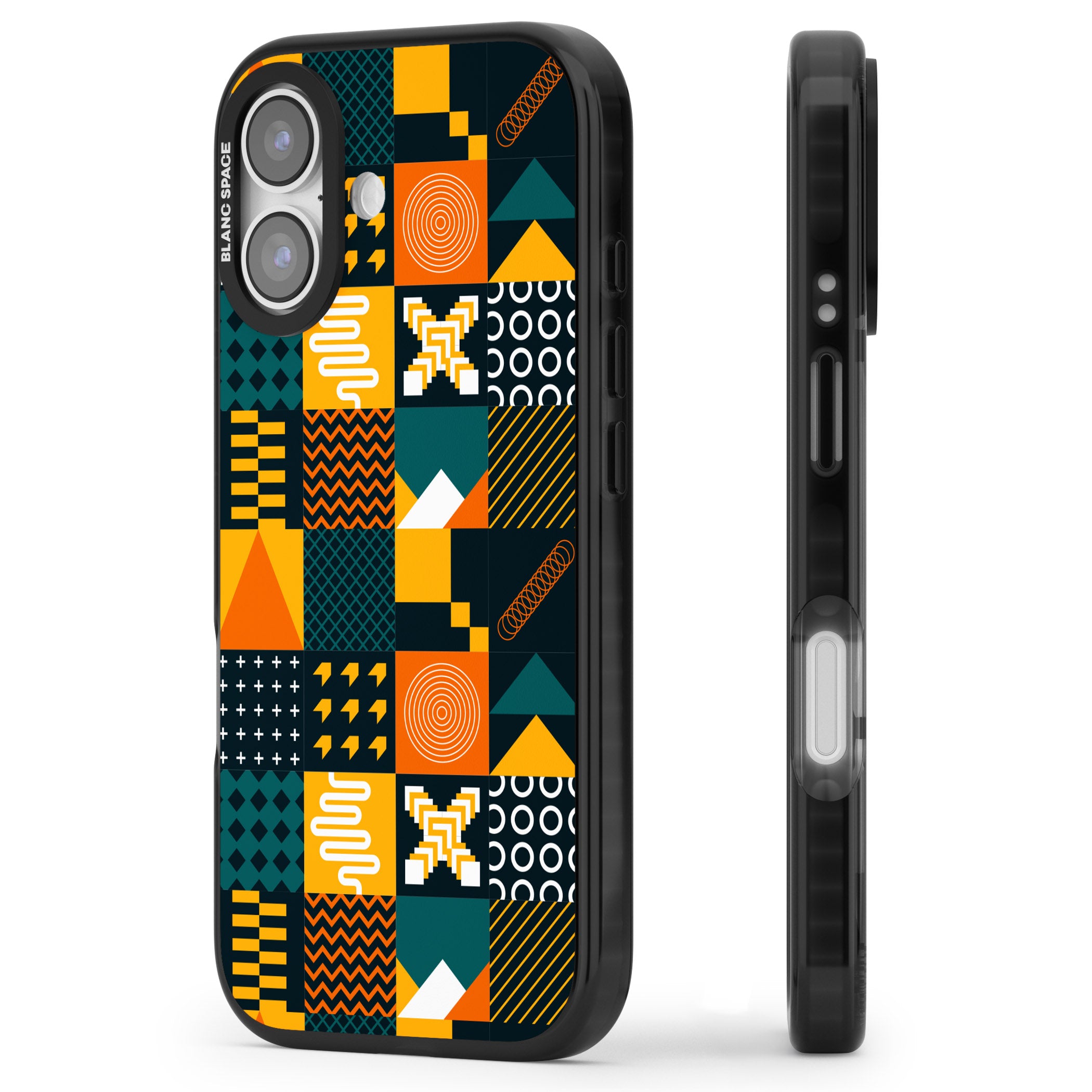 Funky Geometric Patterns: Orange & Dark Green iPhone 17 Impact Black Phone Case Side Profile