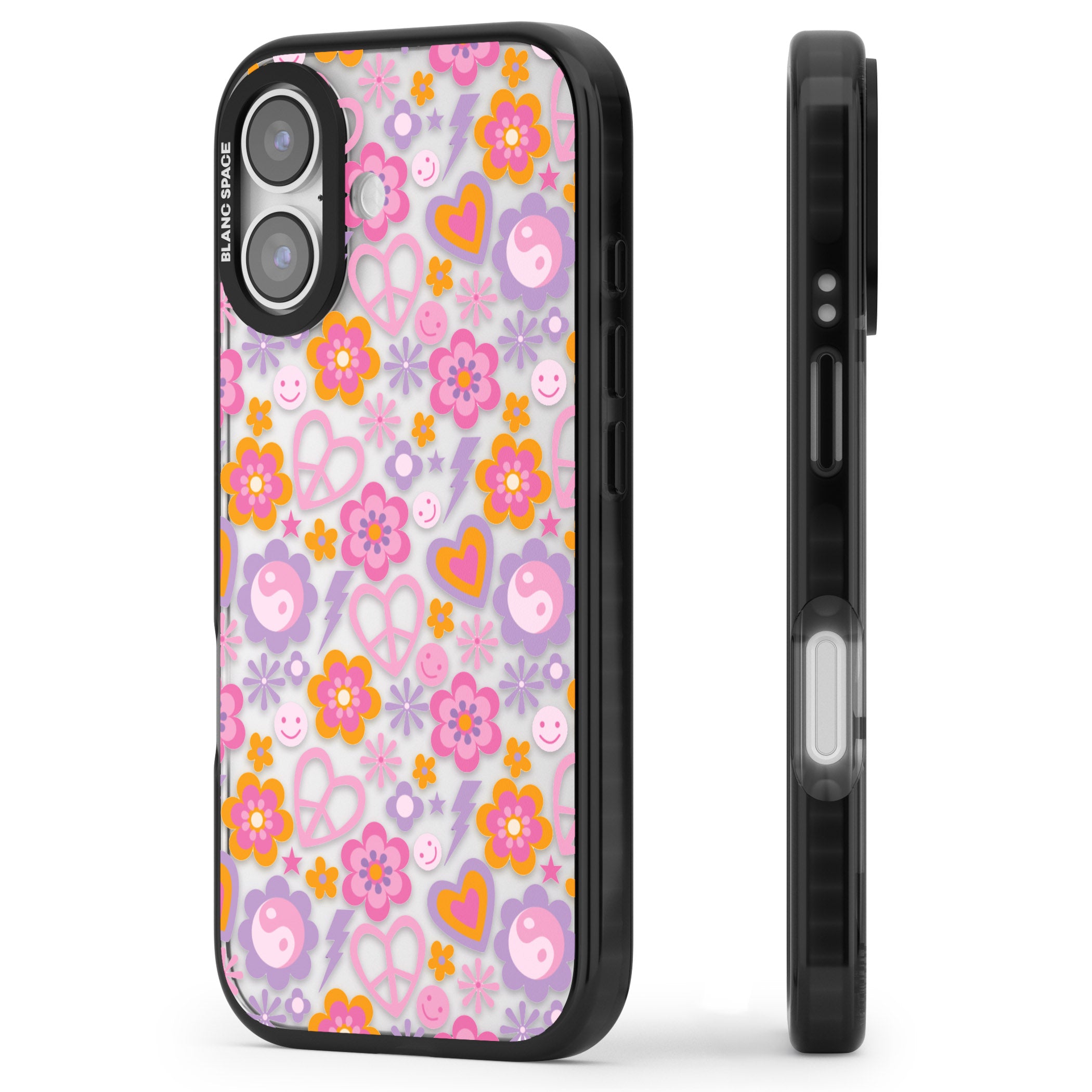 Peace, Love And Flowers Pattern iPhone 17 Impact Black Phone Case Side Profile