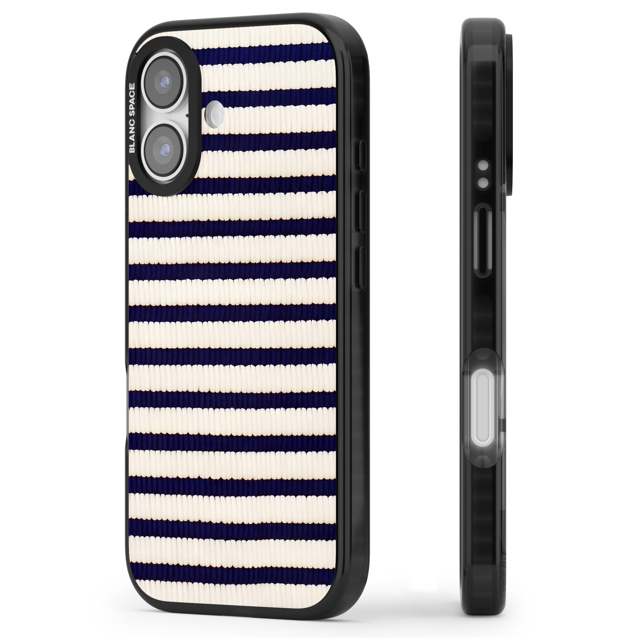 Navy & Cream Stripes iPhone 17 Impact Black Phone Case Side Profile