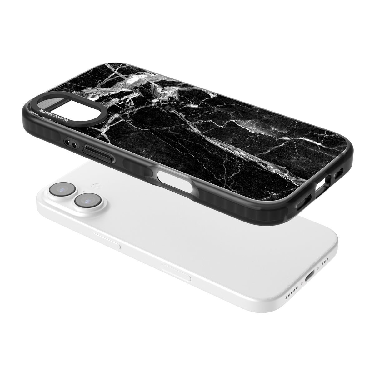 Black Onyx Marble iPhone 16 / iPhone 16 Plus / iPhone 17 Impact Black Phone Case angled