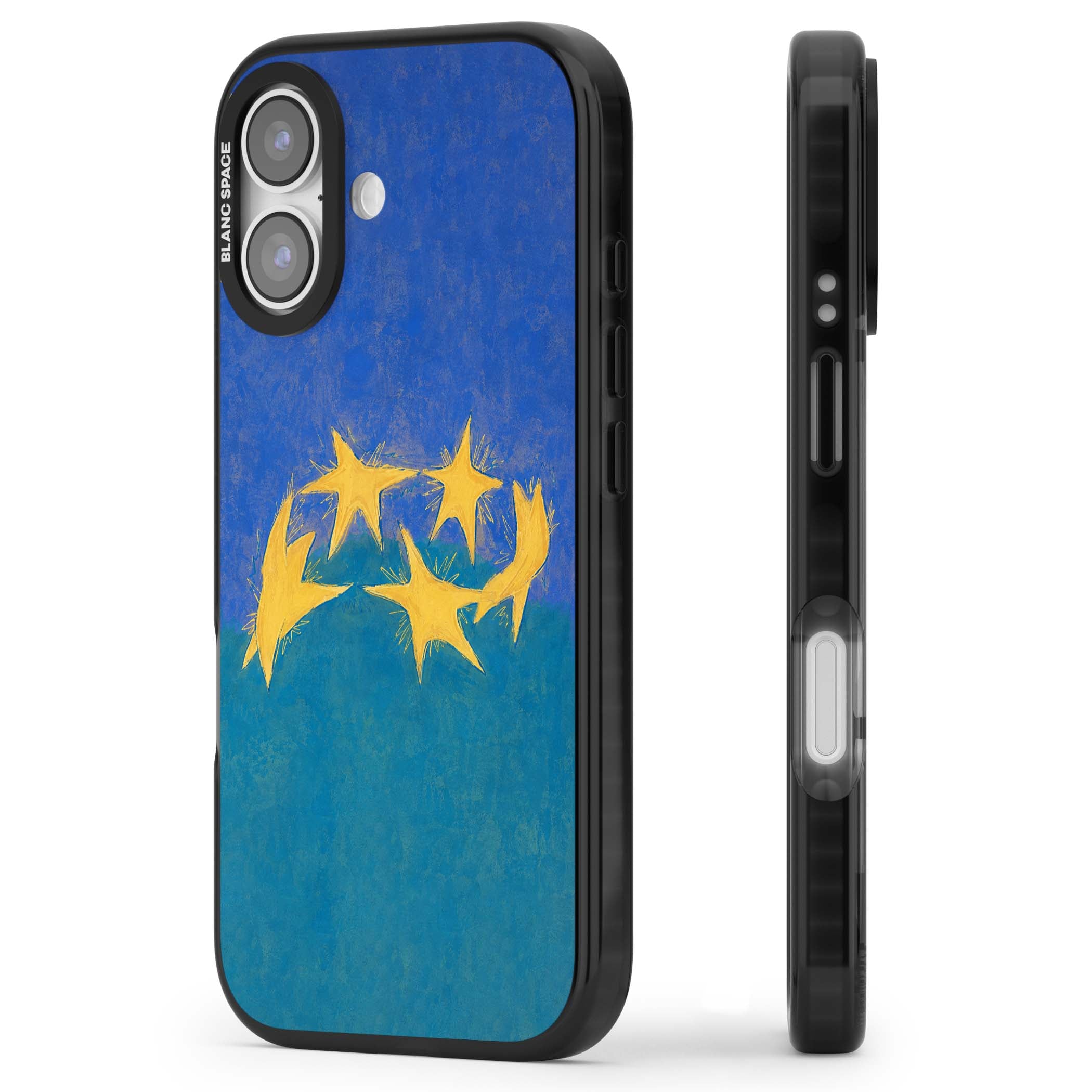 Star Boogie stars aesthetic iPhone case featuring five yellow hand-painted stars on cobalt blue and teal | Clear Impact case for iPhone 17