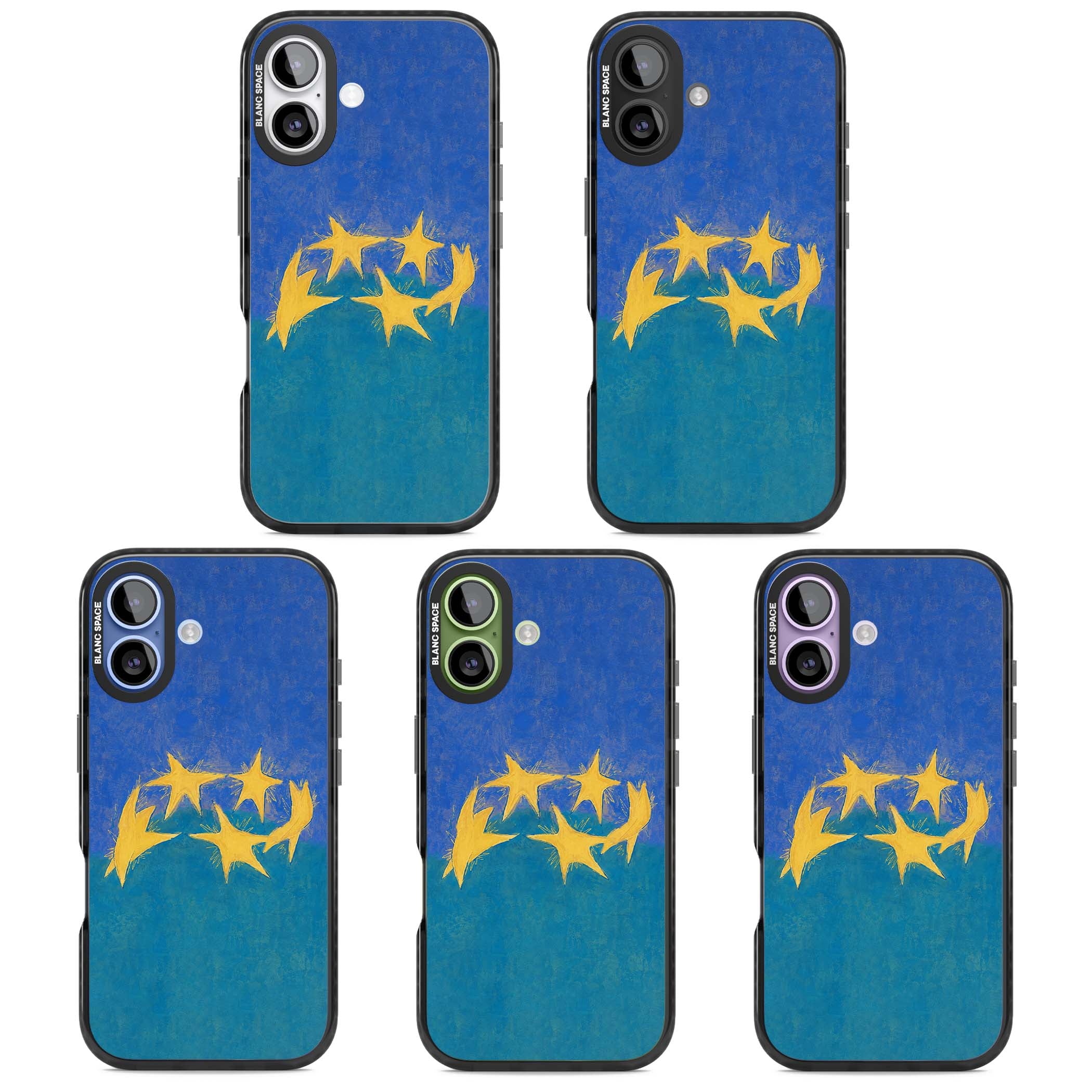 Star Boogie stars aesthetic iPhone case featuring five yellow hand-painted stars on cobalt blue and teal | Clear Impact case for iPhone 17