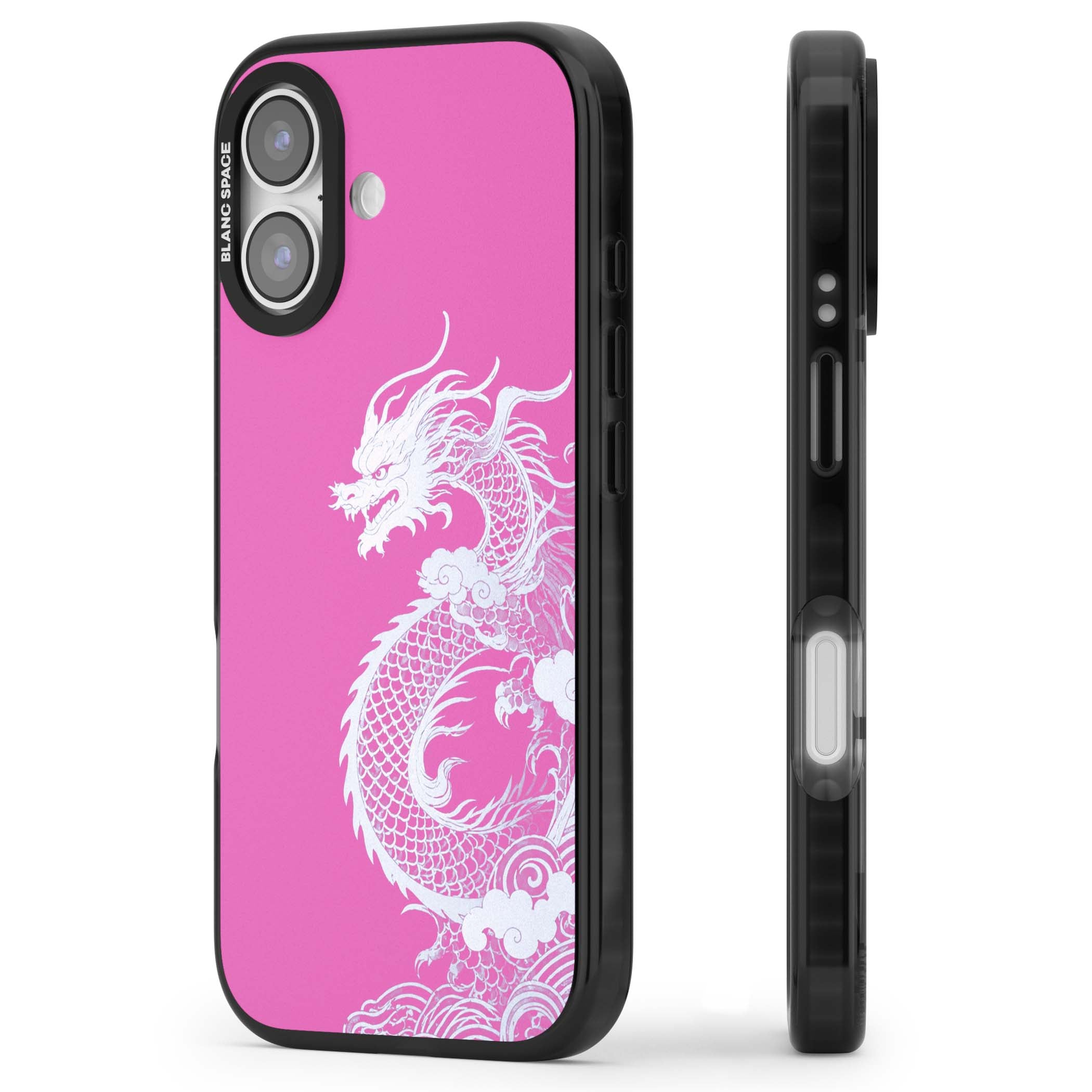 Pink Empress chinese dragon iPhone case featuring a white dragon, swirling clouds and pink dragon wallpaper backdrop | Clear Impact case for iPhone 17