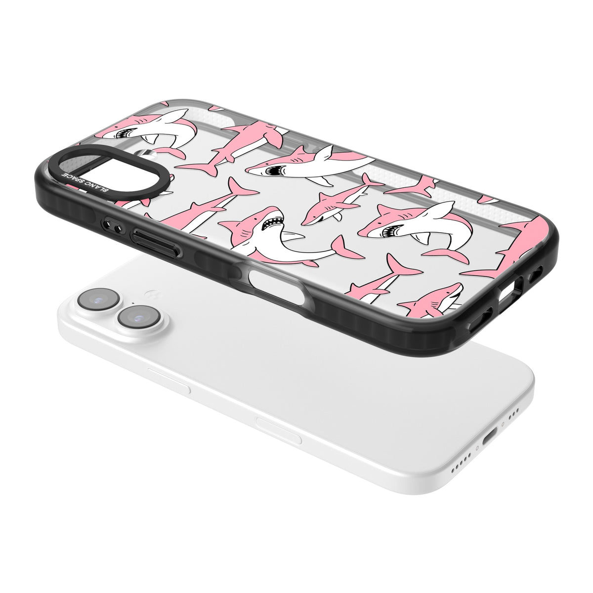Bubblegum Sharks iPhone 16 / iPhone 16 Plus / iPhone 17 Impact Black Phone Case angled