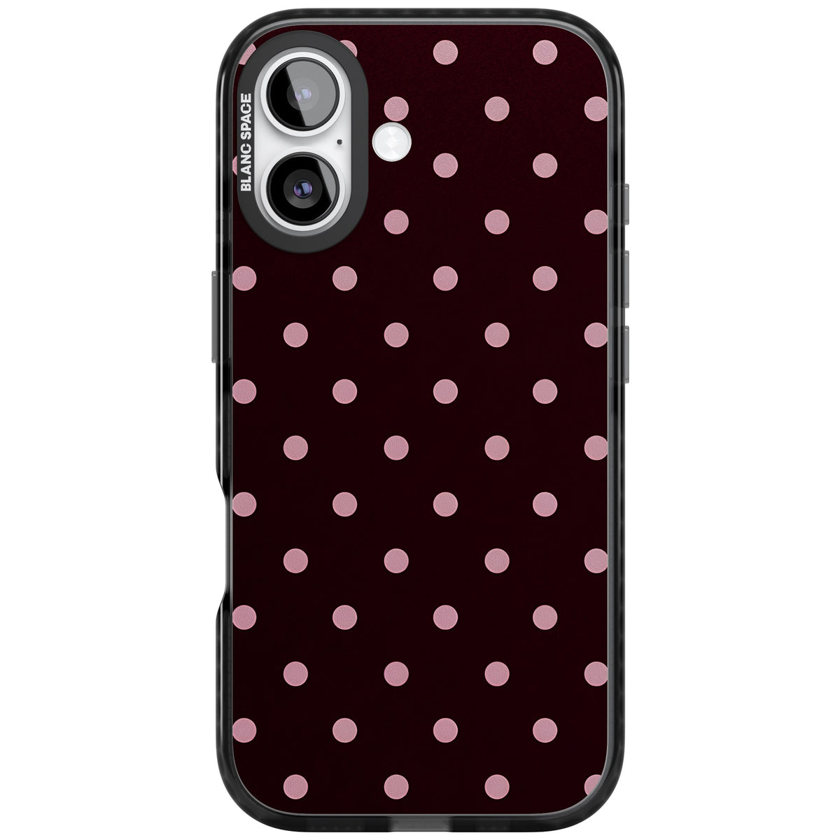 Merlot Dots polka dot iPhone case featuring dusty pink spots on a deep burgundy background in a retro grid iPhone 16 / iPhone 16 Plus / iPhone 17 Impact Black Phone Case front
