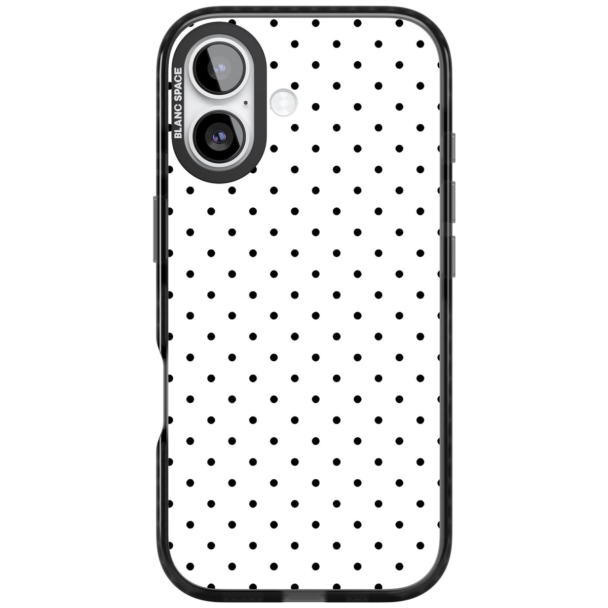 Dalmatian Dots minimal iPhone case featuring small black polka dots on a crisp white background with bold black edges iPhone 16 / iPhone 16 Plus / iPhone 17 Impact Black Phone Case front