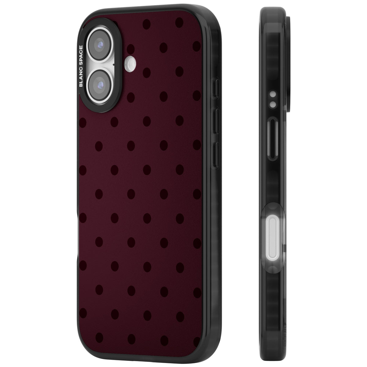 Burgundy Polka Dot minimalist iPhone case featuring black polka dots on a deep burgundy wine red background iPhone 16 / iPhone 16 Plus / iPhone 17 Impact Black Phone Case side
