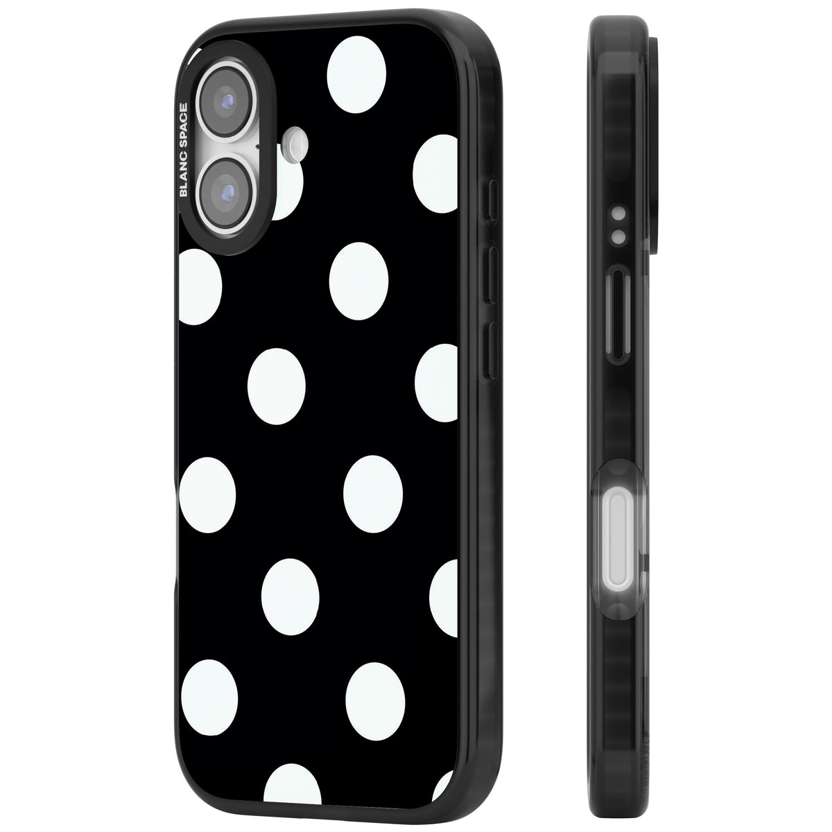 Chic Black Polka Dot iPhone 16 / iPhone 16 Plus / iPhone 17 Impact Black Phone Case side