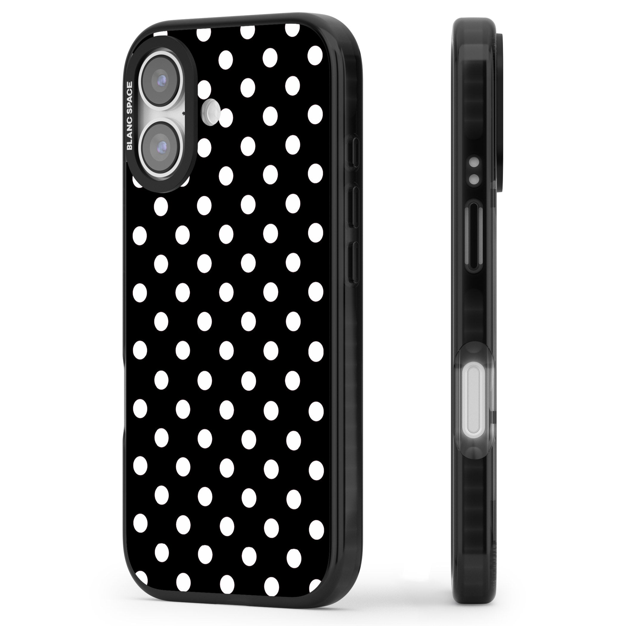 Designer Chic Black Polka Dot iPhone 17 Impact Black Phone Case Side Profile