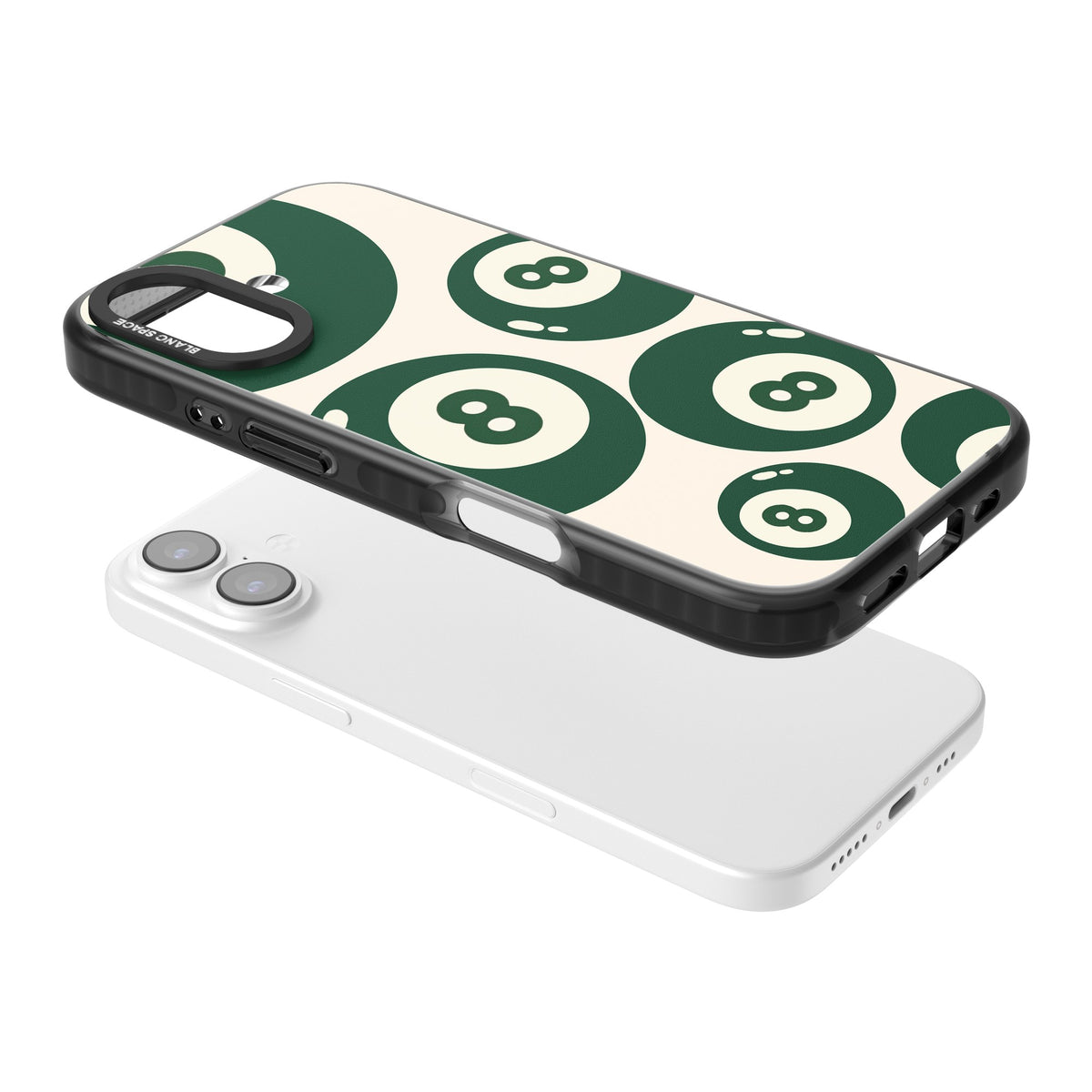 Green Eight Balls iPhone 16 / iPhone 16 Plus / iPhone 17 Impact Black Phone Case angled