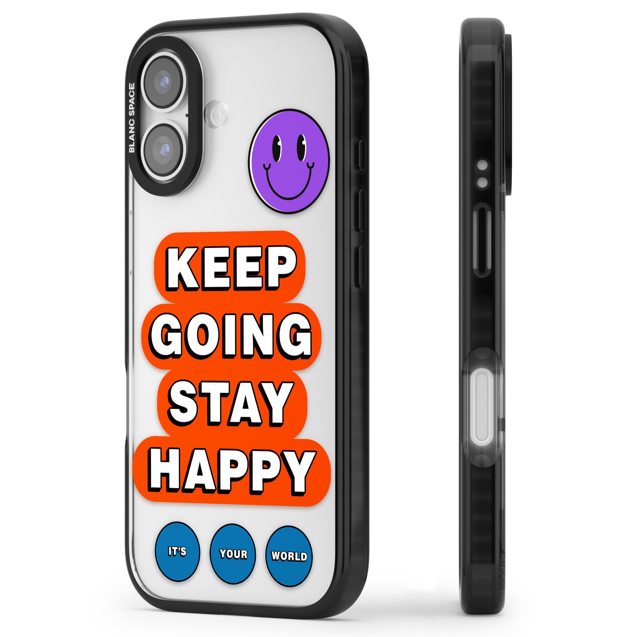 Keep Going Stay Happy iPhone 17 Impact Black Phone Case Side Profile