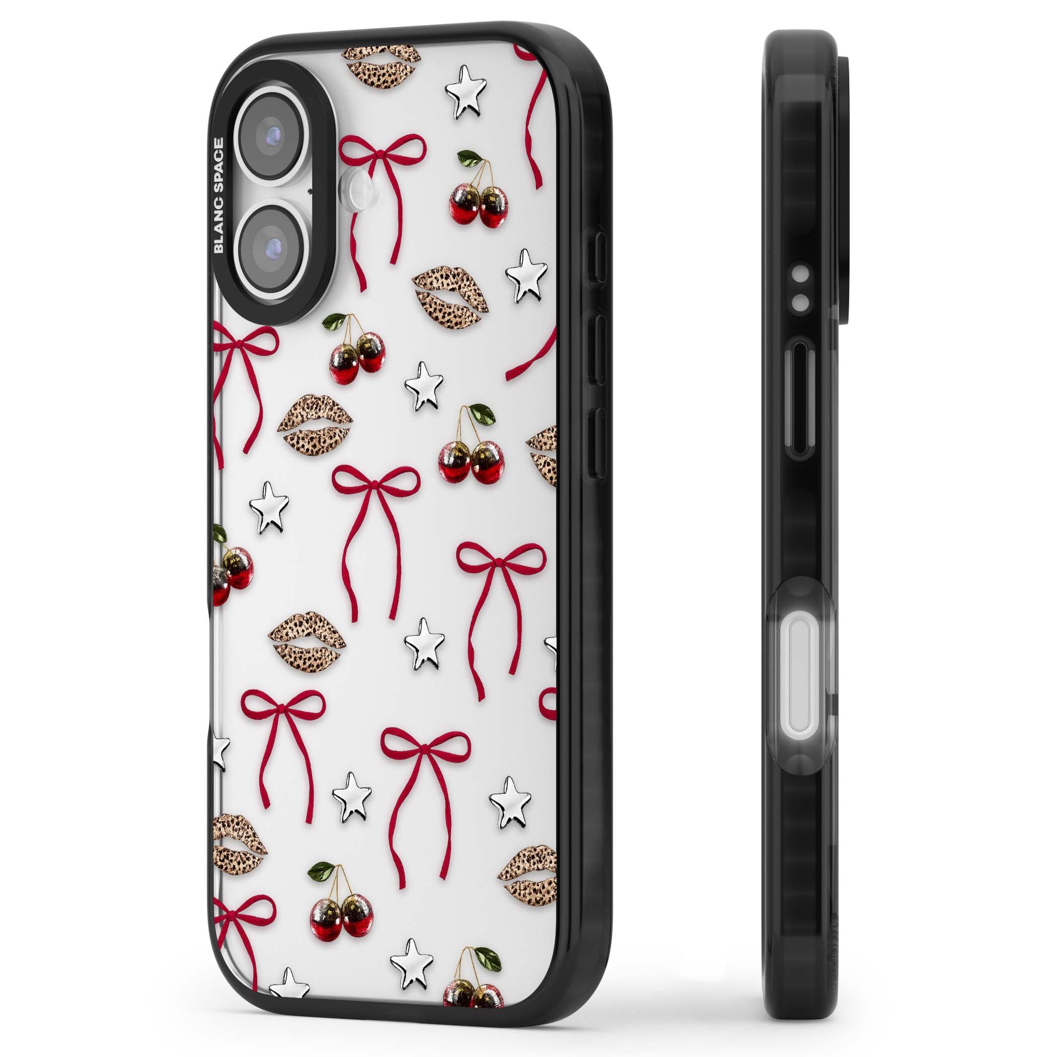 Starlet coquette iPhone case featuring red ribbon bows, disco cherries and leopard-print lips | Clear Impact case for iPhone 17