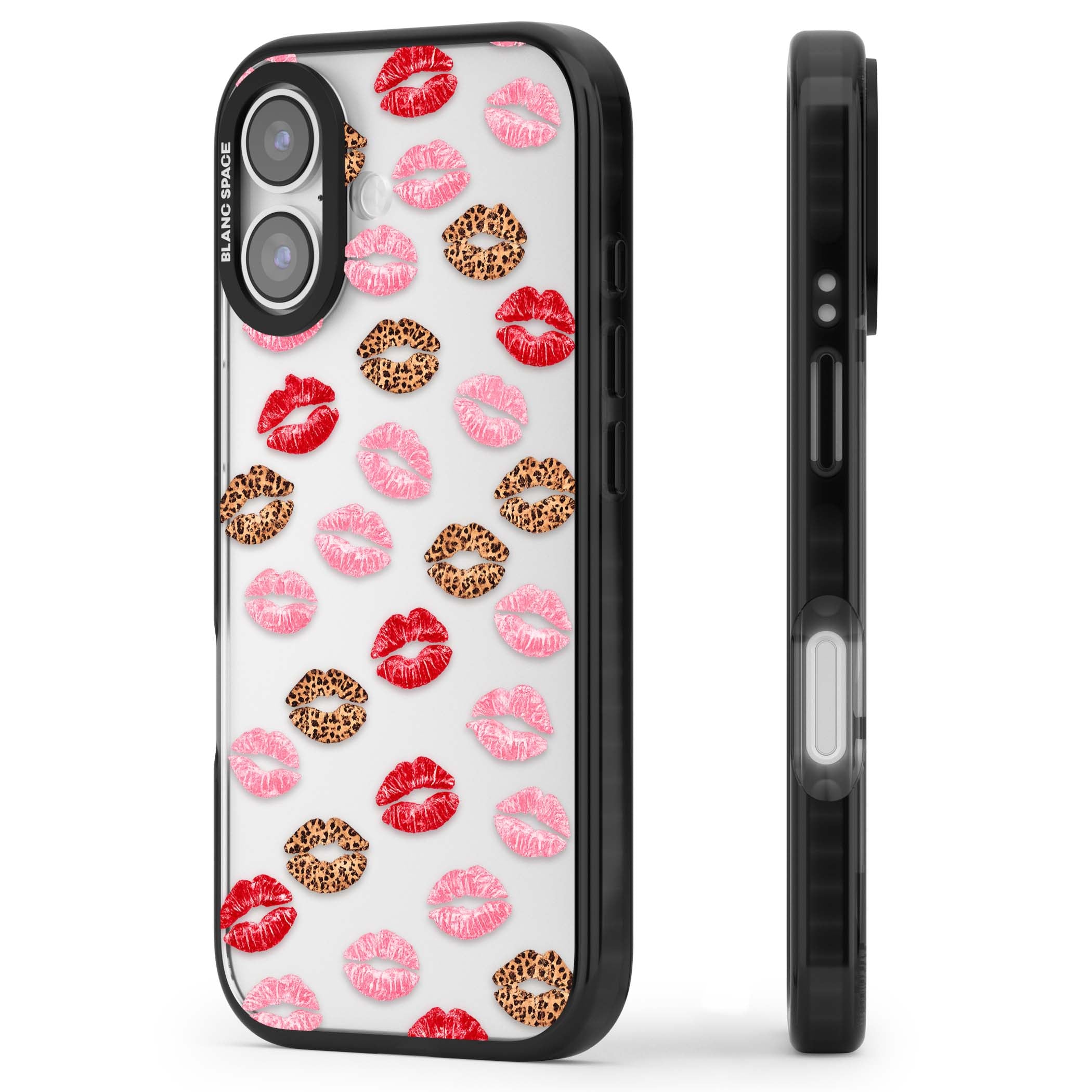 Wild Kisses coquette iPhone case featuring red, pink and leopard print lipstick kiss marks on a clear background | Clear Impact case for iPhone 17