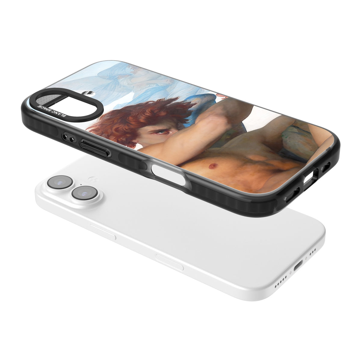 The Fallen Angel iPhone 16 / iPhone 16 Plus / iPhone 17 Impact Black Phone Case angled