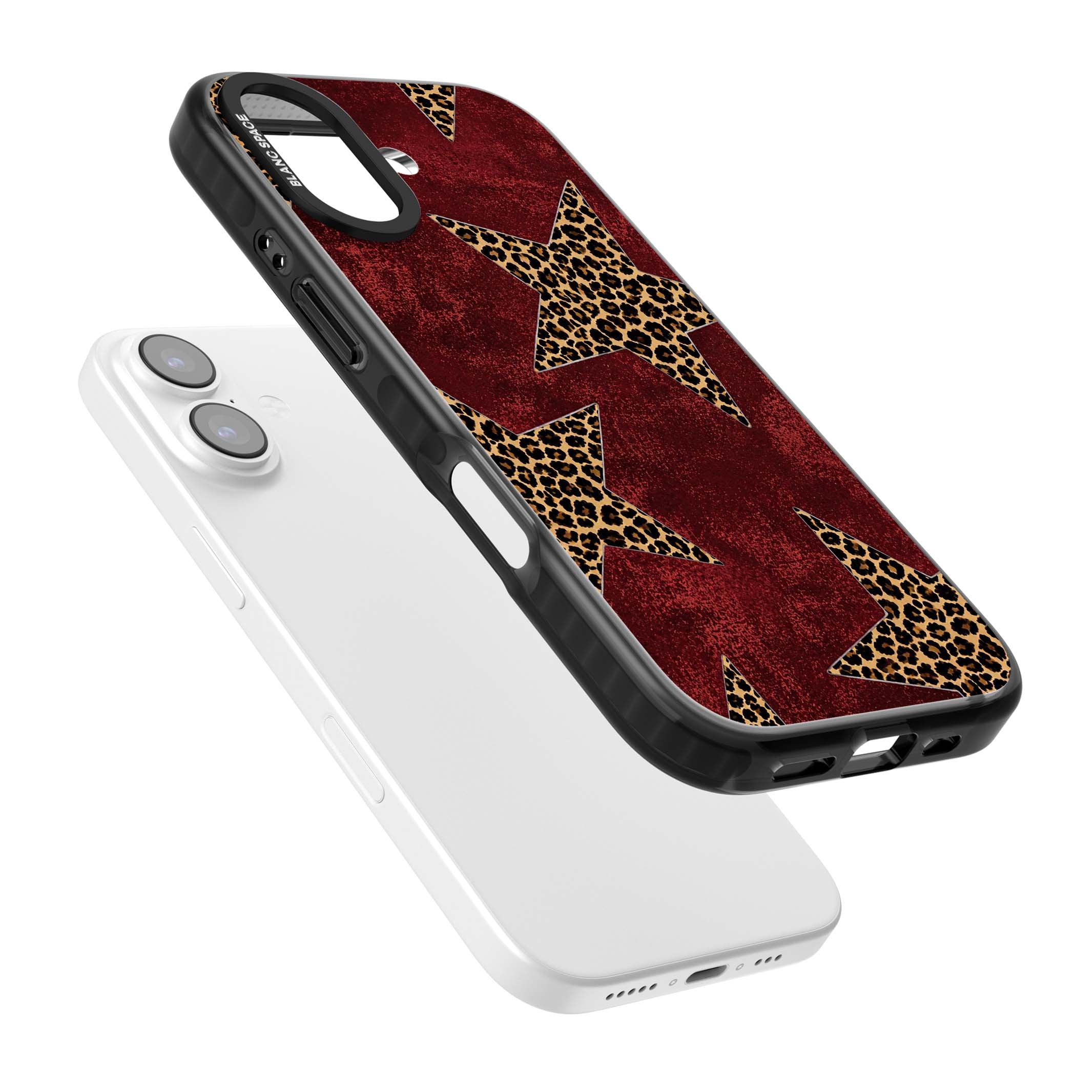 Showgirl leopard print iPhone case featuring cheetah print stars on distressed red grunge background | Clear Impact case for iPhone 17