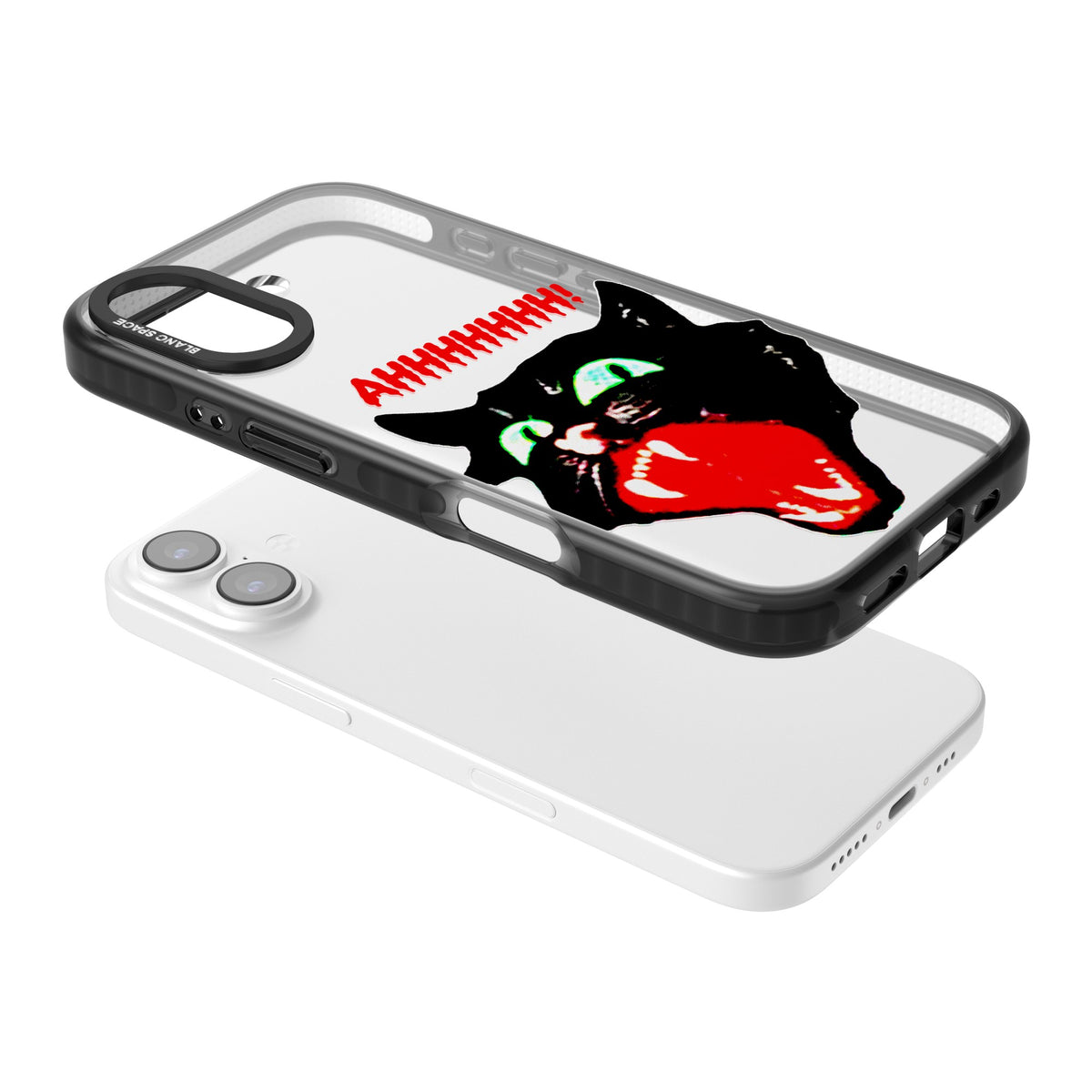 AHH! Cat iPhone 16 / iPhone 16 Plus / iPhone 17 Impact Black Phone Case angled