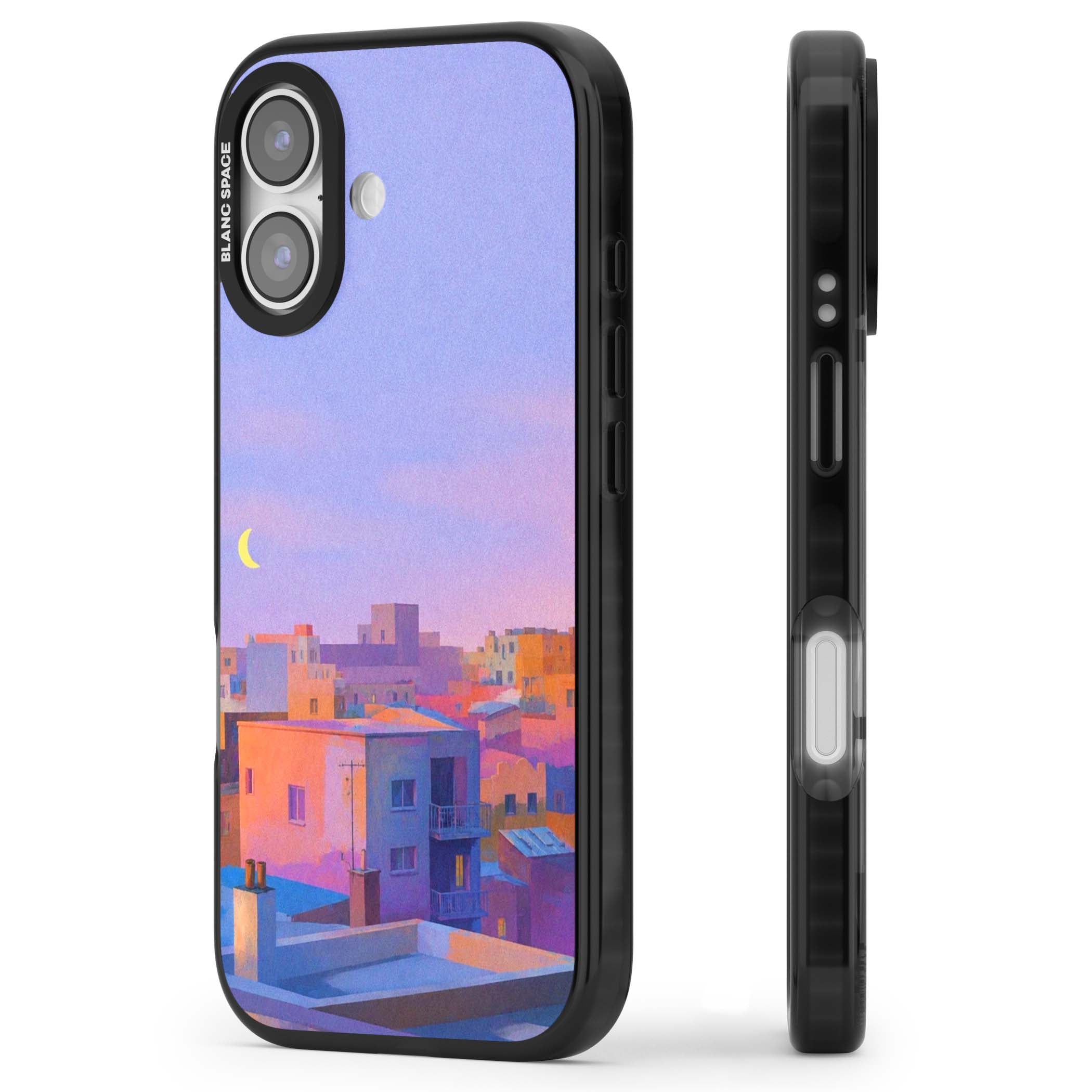 Twilight Rooftops vaporwave iPhone case featuring a pastel sunset cityscape, painted rooftops and a crescent moon. | Clear Impact case for iPhone 17