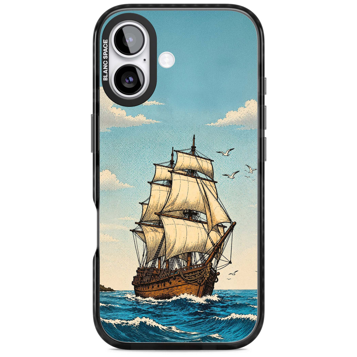 Ship at Sea nautical iPhone case featuring a vintage tall ship, ocean waves and seagulls | Clear Impact case for iPhone 17