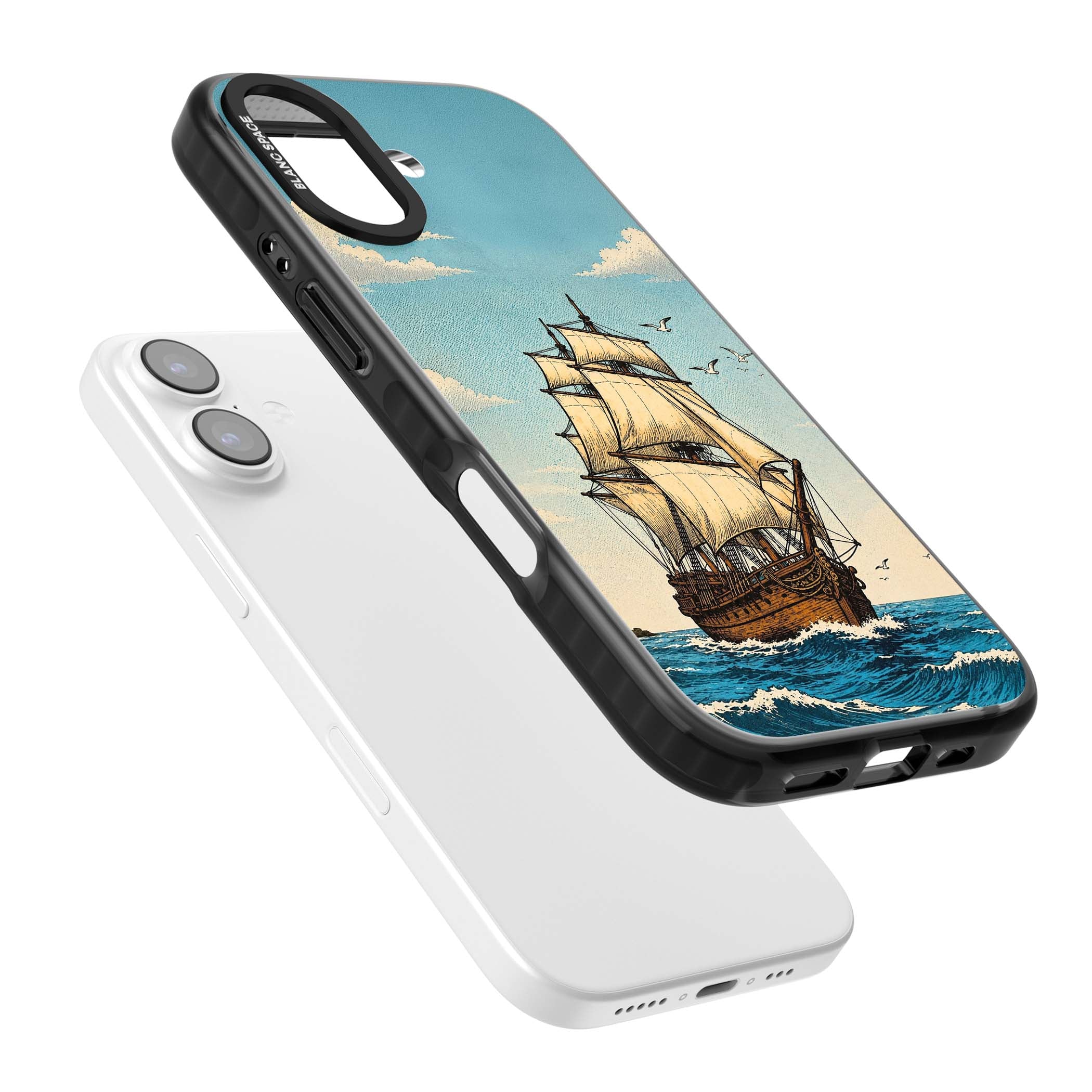 Ship at Sea nautical iPhone case featuring a vintage tall ship, ocean waves and seagulls | Clear Impact case for iPhone 17