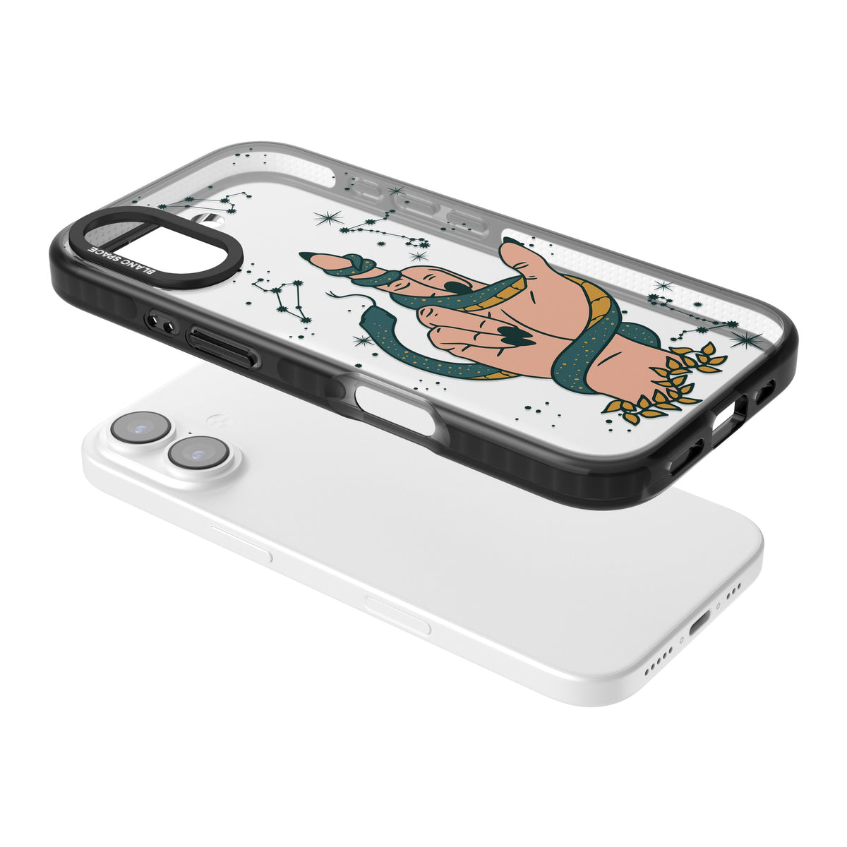 Snakes, Stars And Cynicism iPhone 16 / iPhone 16 Plus / iPhone 17 Impact Black Phone Case angled