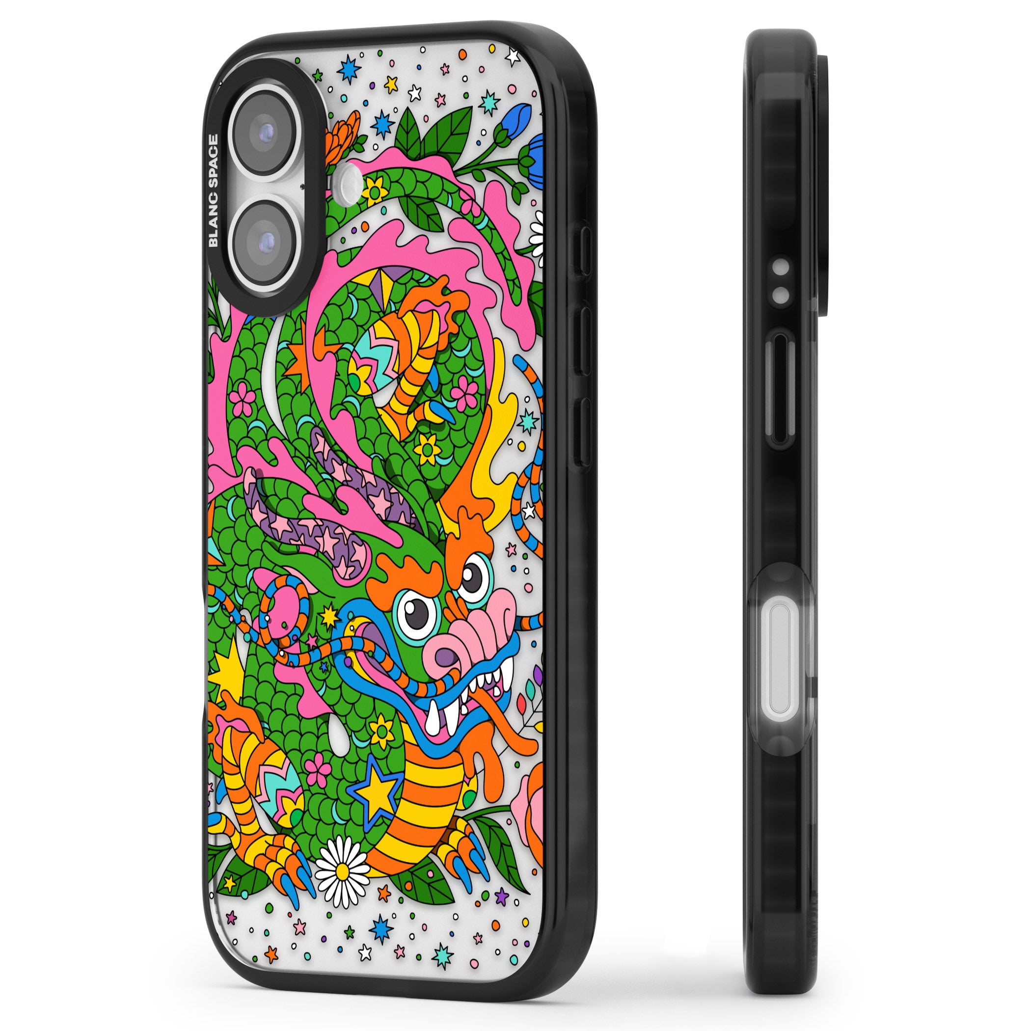 Psychedelic Jungle Dragon iPhone 17 Impact Black Phone Case Side Profile