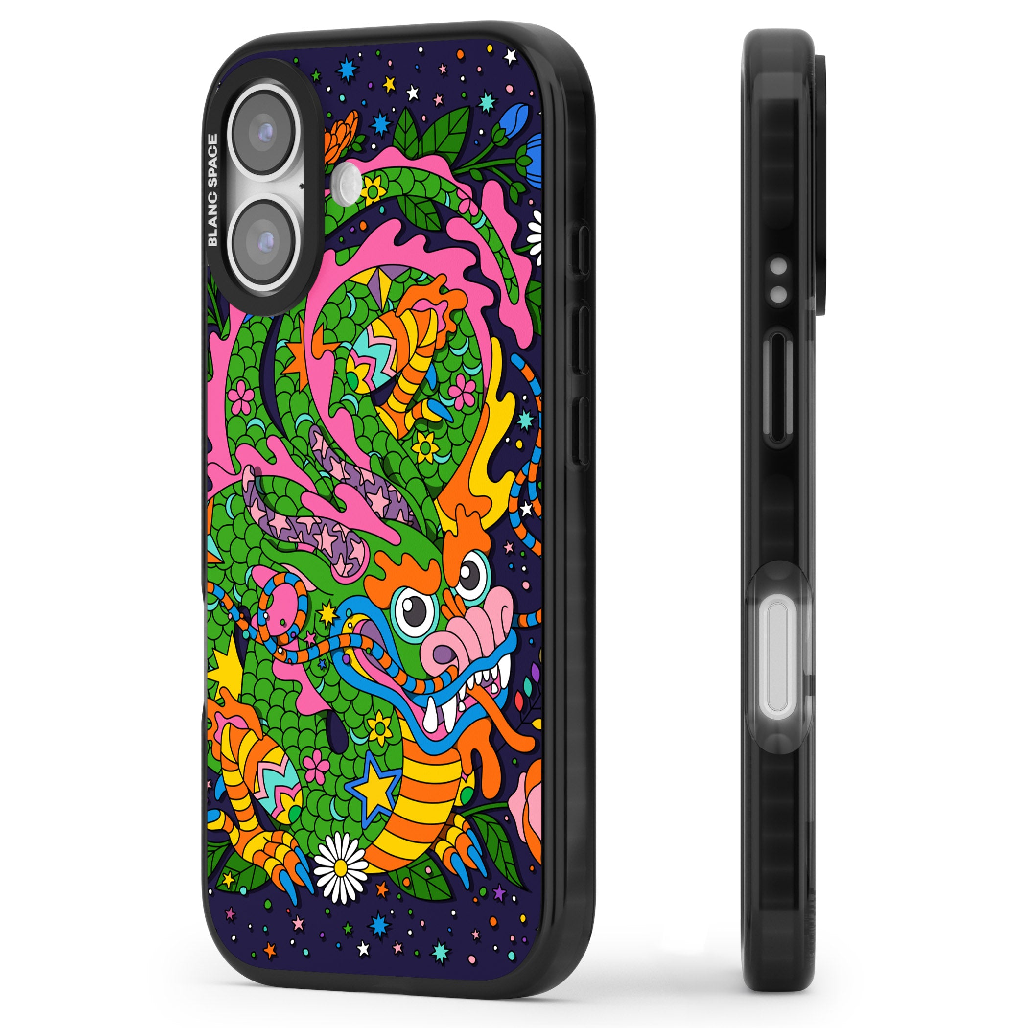 Psychedelic Jungle Dragon (Purple) iPhone 17 Impact Black Phone Case Side Profile
