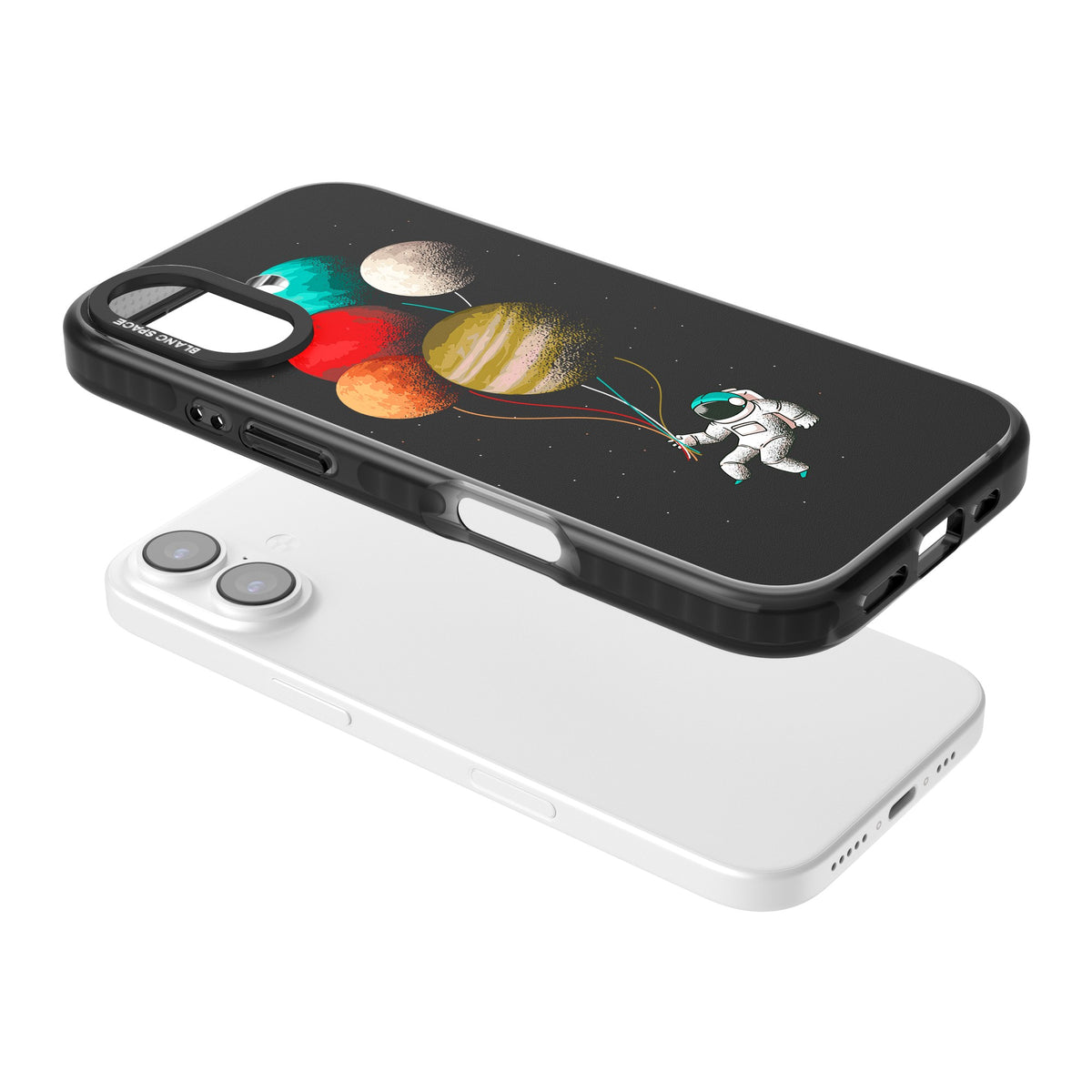 Astronaut Balloon Planets iPhone 16 / iPhone 16 Plus / iPhone 17 Impact Black Phone Case angled