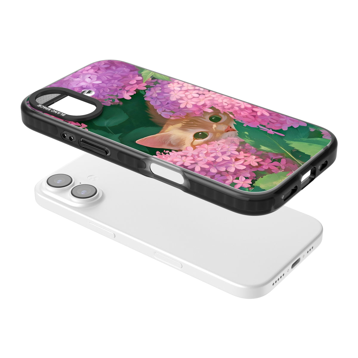 Cat In Pink Flowers iPhone 16 / iPhone 16 Plus / iPhone 17 Impact Black Phone Case angled