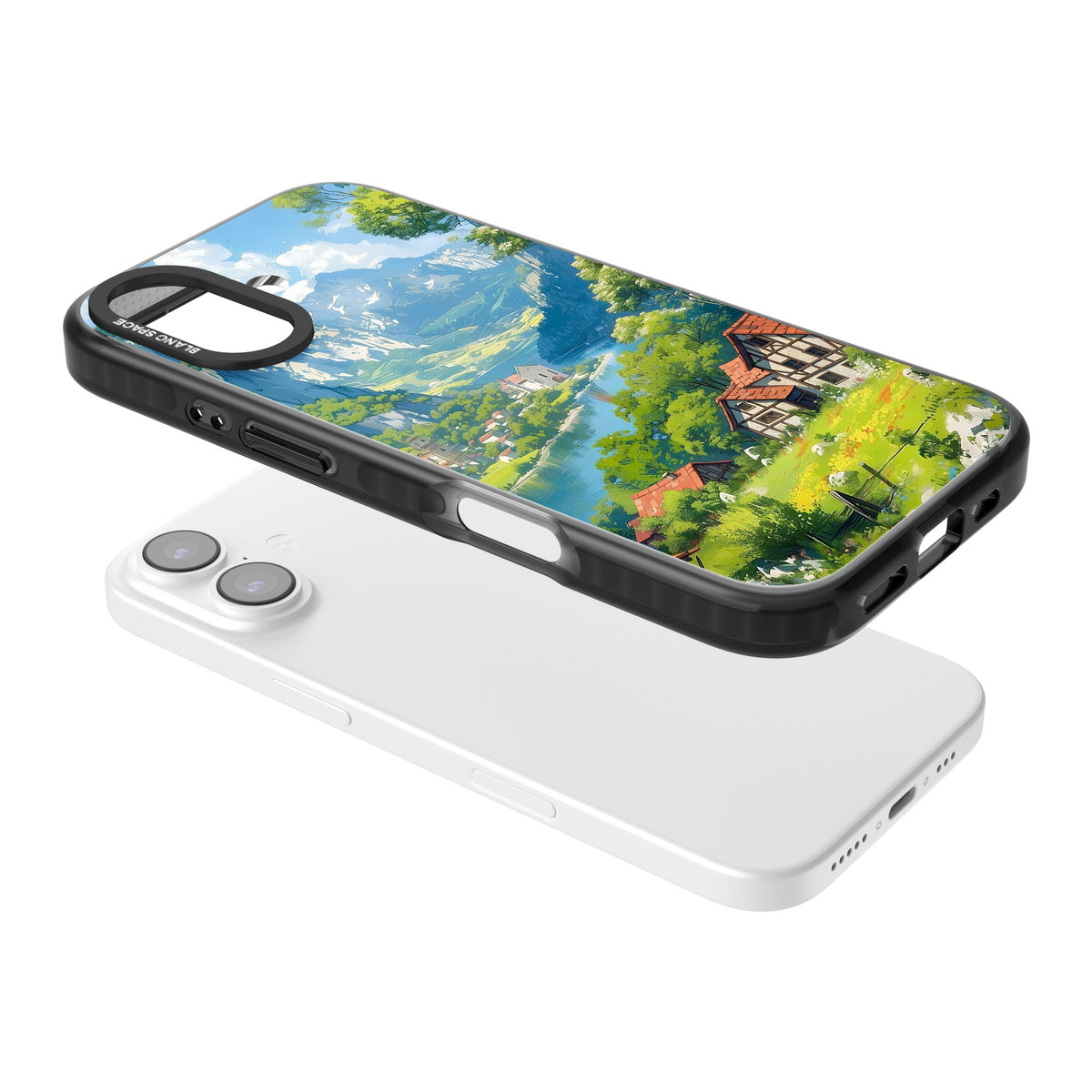 Village In The Valley iPhone 16 / iPhone 16 Plus / iPhone 17 Impact Black Phone Case angled
