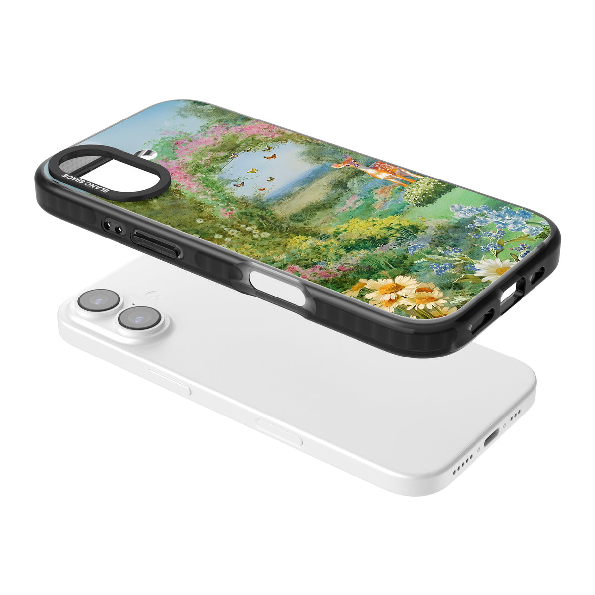 Flourishing Meadow iPhone 16 / iPhone 16 Plus / iPhone 17 Impact Black Phone Case angled