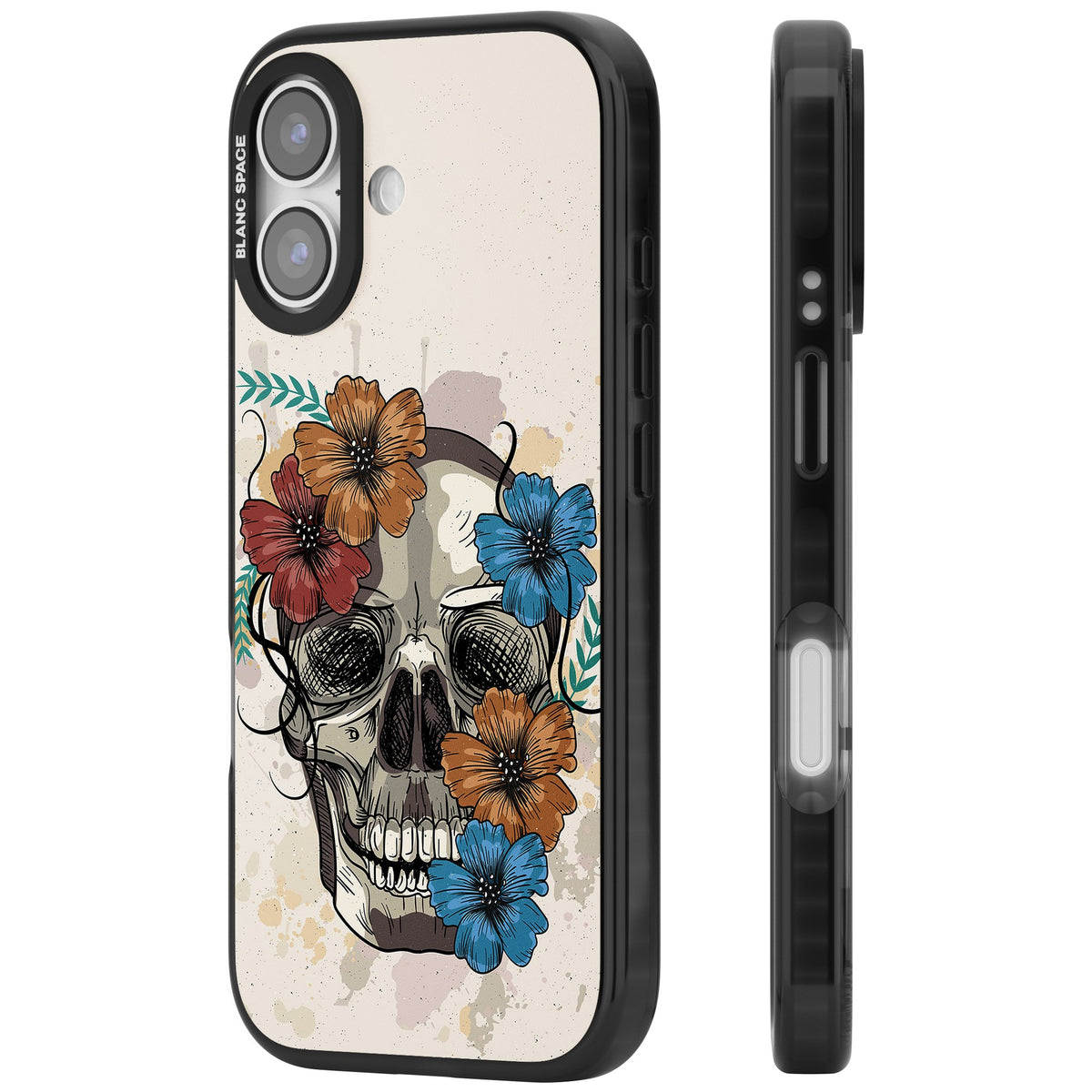 Sugar Skull Floral iPhone 16 / iPhone 16 Plus / iPhone 17 Impact Black Phone Case side
