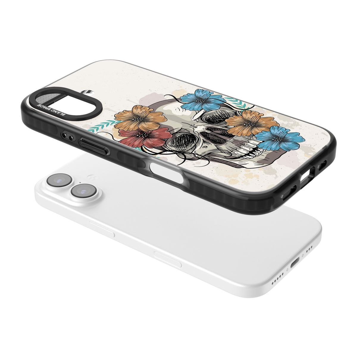 Sugar Skull Floral iPhone 16 / iPhone 16 Plus / iPhone 17 Impact Black Phone Case angled