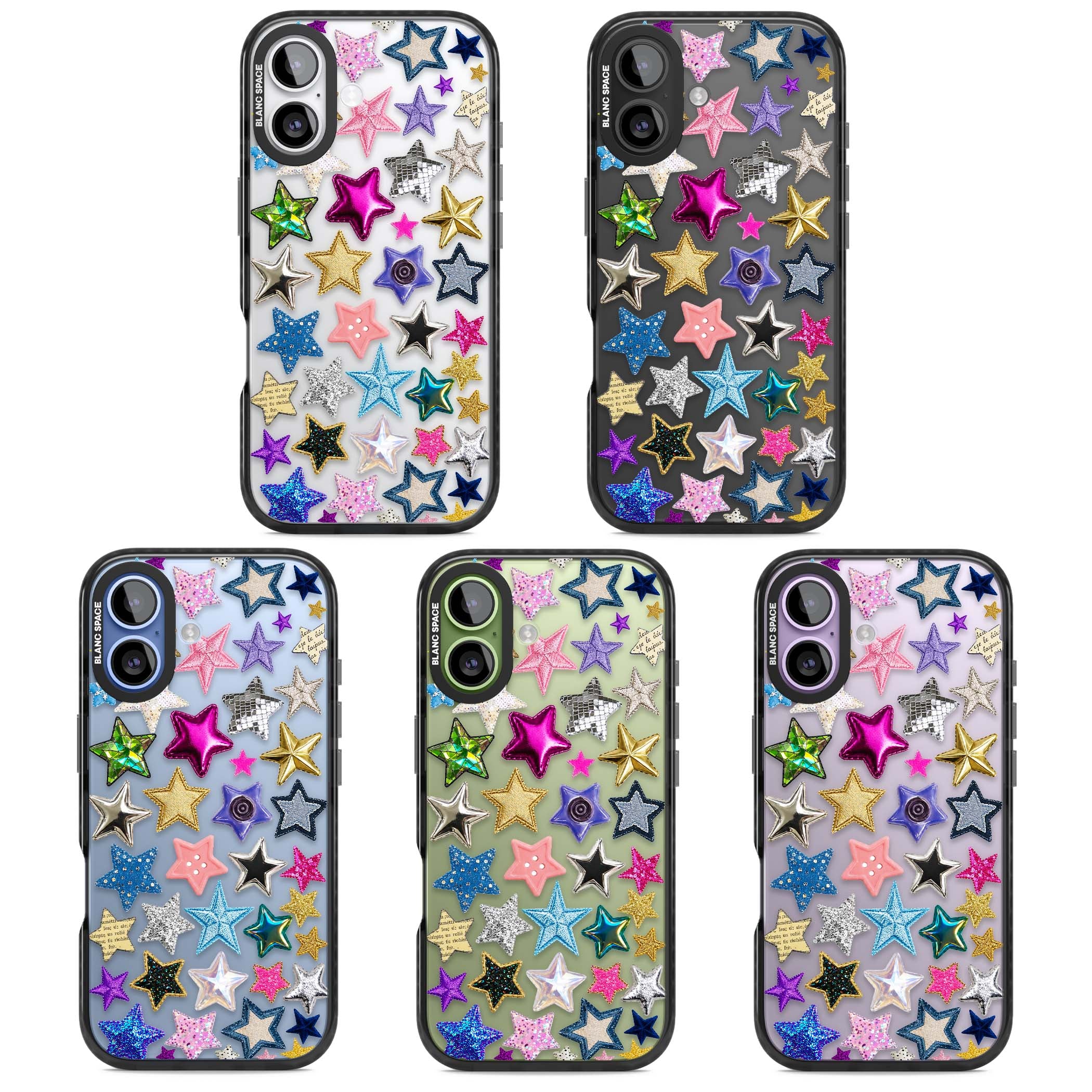 Crafty Star Mix Y2K iPhone case featuring embroidered, sequinned and glitter star patches in rainbow colours | Clear Impact case for iPhone 17